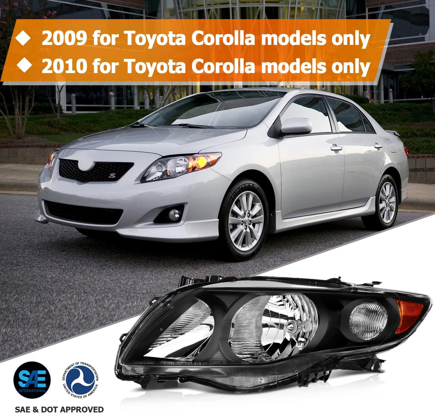 Headlight Assembly for Toyota Corolla 2009 2010 Black Housing Amber Reflector Clear Lens Driver and Passenger Side Headlamp