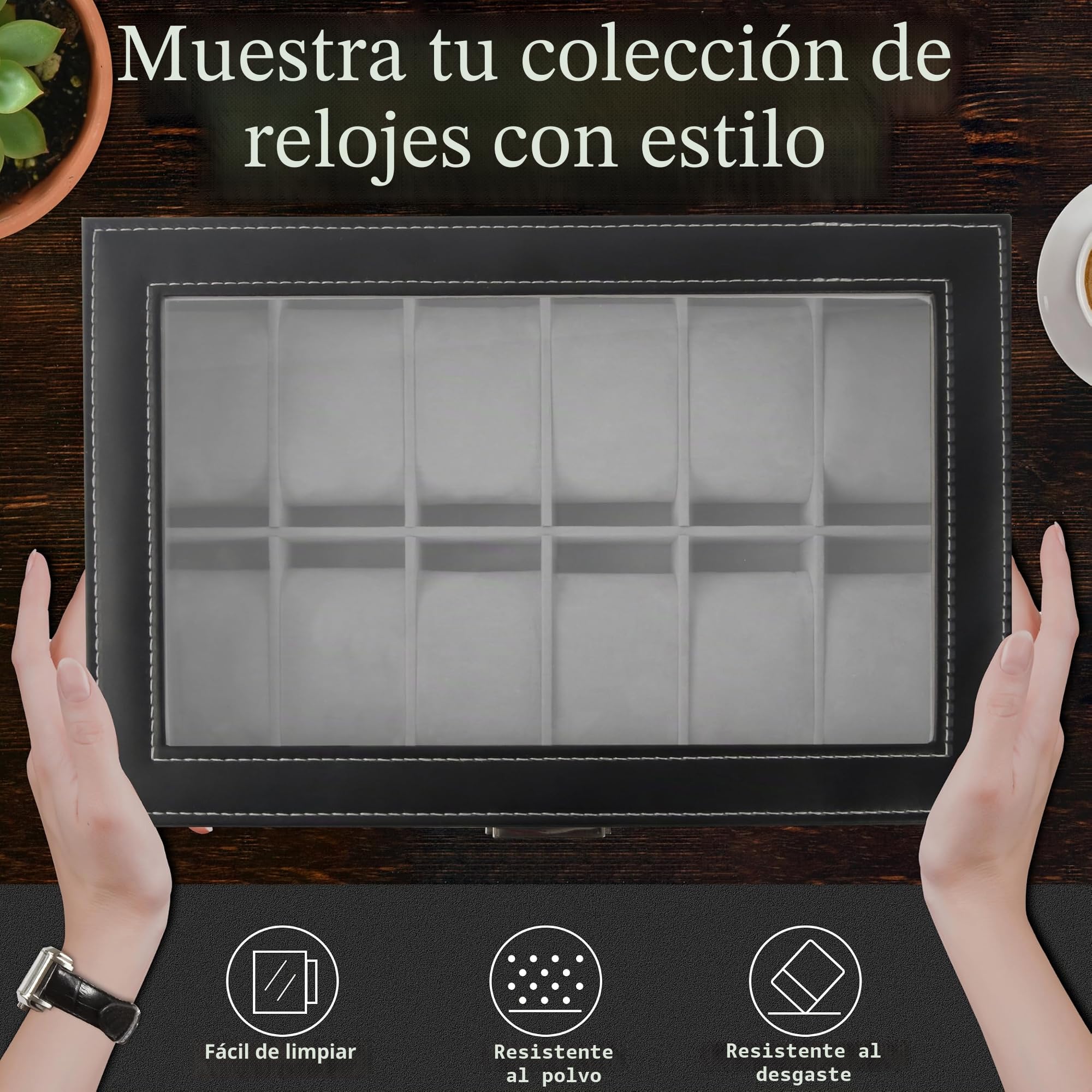 Ogrmar Cajas de almacenamiento de relojes de piel sintética con 12 ranuras, caja de almacenamiento de joyería para hombres y mujeres, organizador de 2 niveles con tapa de vidrio
