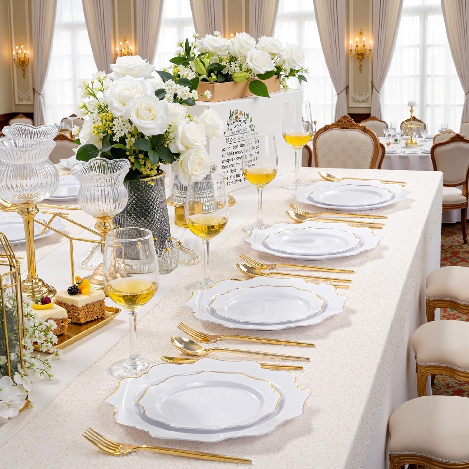 WDF 200PCS White and Gold Plastic Plates - Gold Plastic Plates - Include 100 Dinner & 100 Dessert Disposable Party Plate - Fancy Disposable Plate for Wedding/Bridal shower/Valentine‘s Day - Image 2