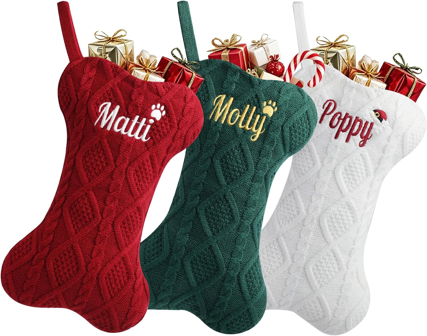Personalized Dog Christmas Stockings,Custom Embroidered Pet Name & Bone Shape Stocking for Pet,Classic Cable Knit 15.7” Large Dog Stocking for Fireplace Holiday Decor Gifts(1 Pack)
