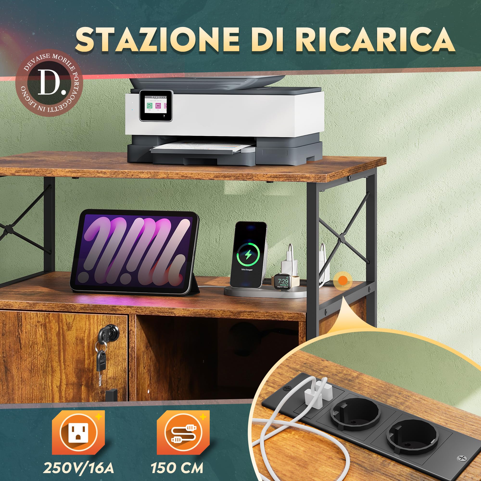 DEVAISE Mobile Portadocumenti per Ufficio con Stazione Ricarica, Supporto Stampante e Archiviatore Bloccabile, Mobile Ufficio Professionale per Cartelle A4, Marrone Rustico