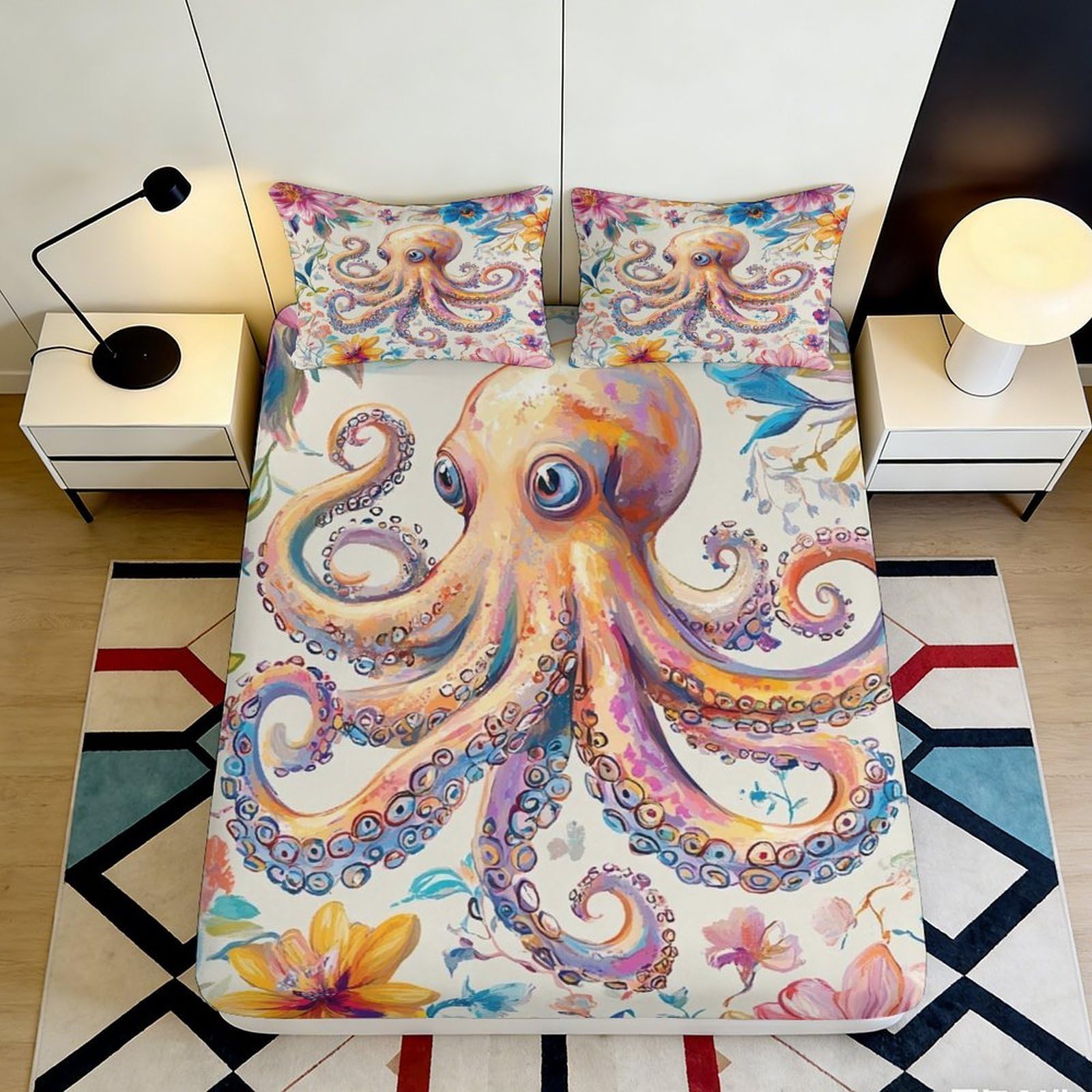 3D Printed Ocean Octopus Fitted Sheet Microfiber Deep Pocket Bedroom Bedding Non-Slip Octopus Mattress Fitted Cover for Adult Teen Full Wrap Washable 200x200x25cm 90x200x25cm