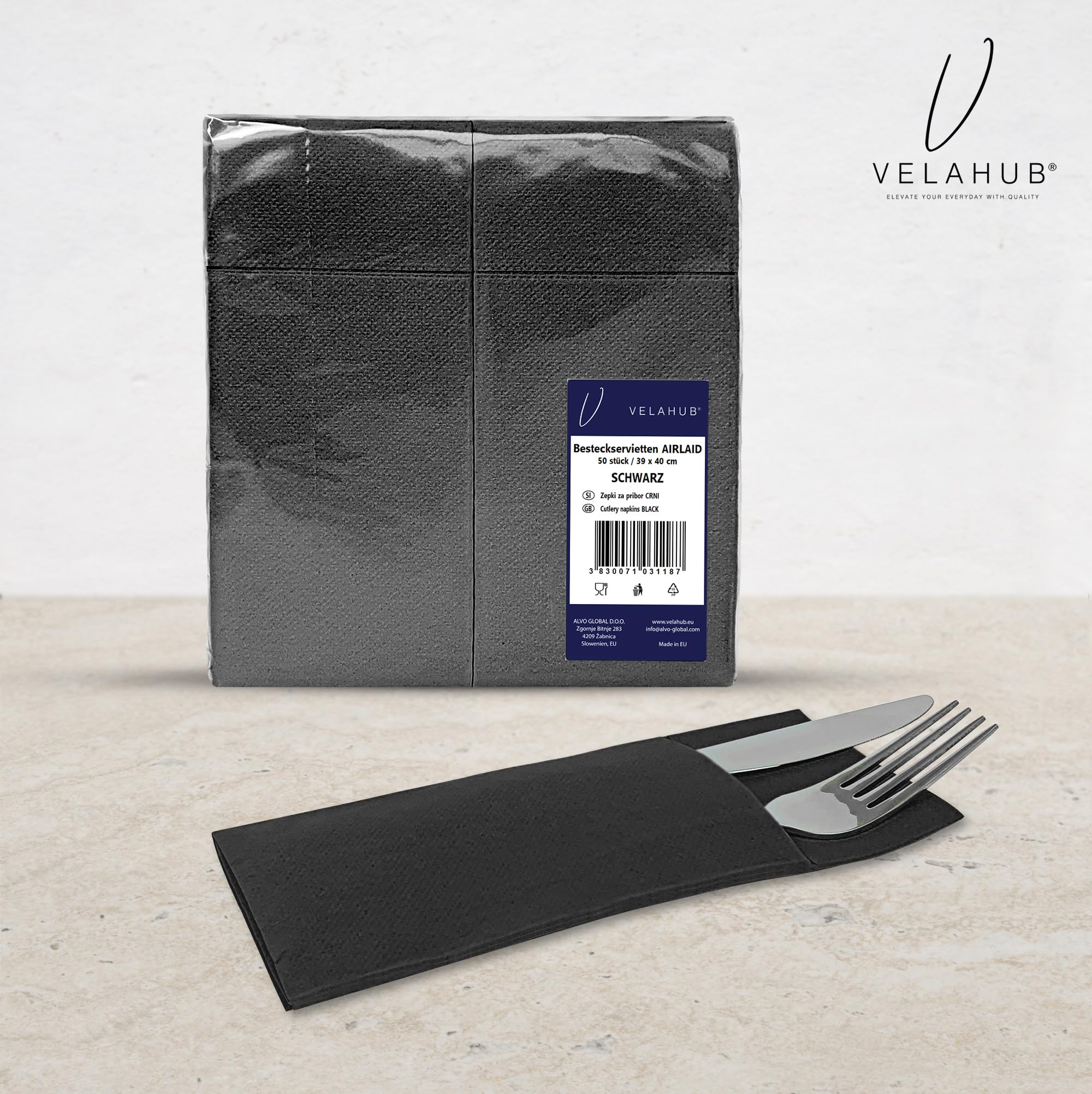 VelaHub Airlaid 50 Cutlery Napkins, Disposable Napkins, 39 x 40 cm, Black - Image 2