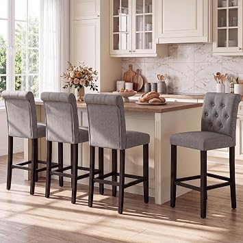 LSSBOUGHT 24 Inches Upholstered Counter Height Bar Stools, Kitchen Island Chairs,Padded Barstools with Button-Tufted Back and Solid Wood Legs Set of 4Gray