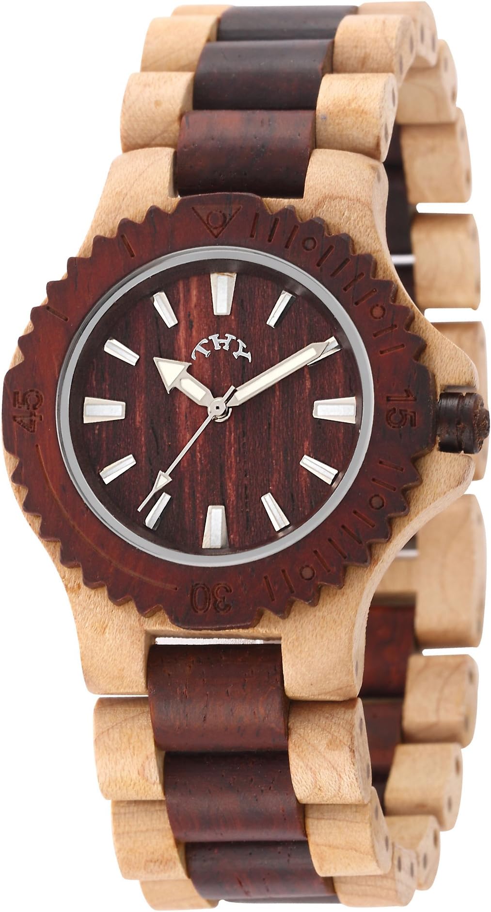 Thy Fashion Men's Red and Yellow 2-Tone Round Red Dial Wooden Watches with 40 Mm Size W00021