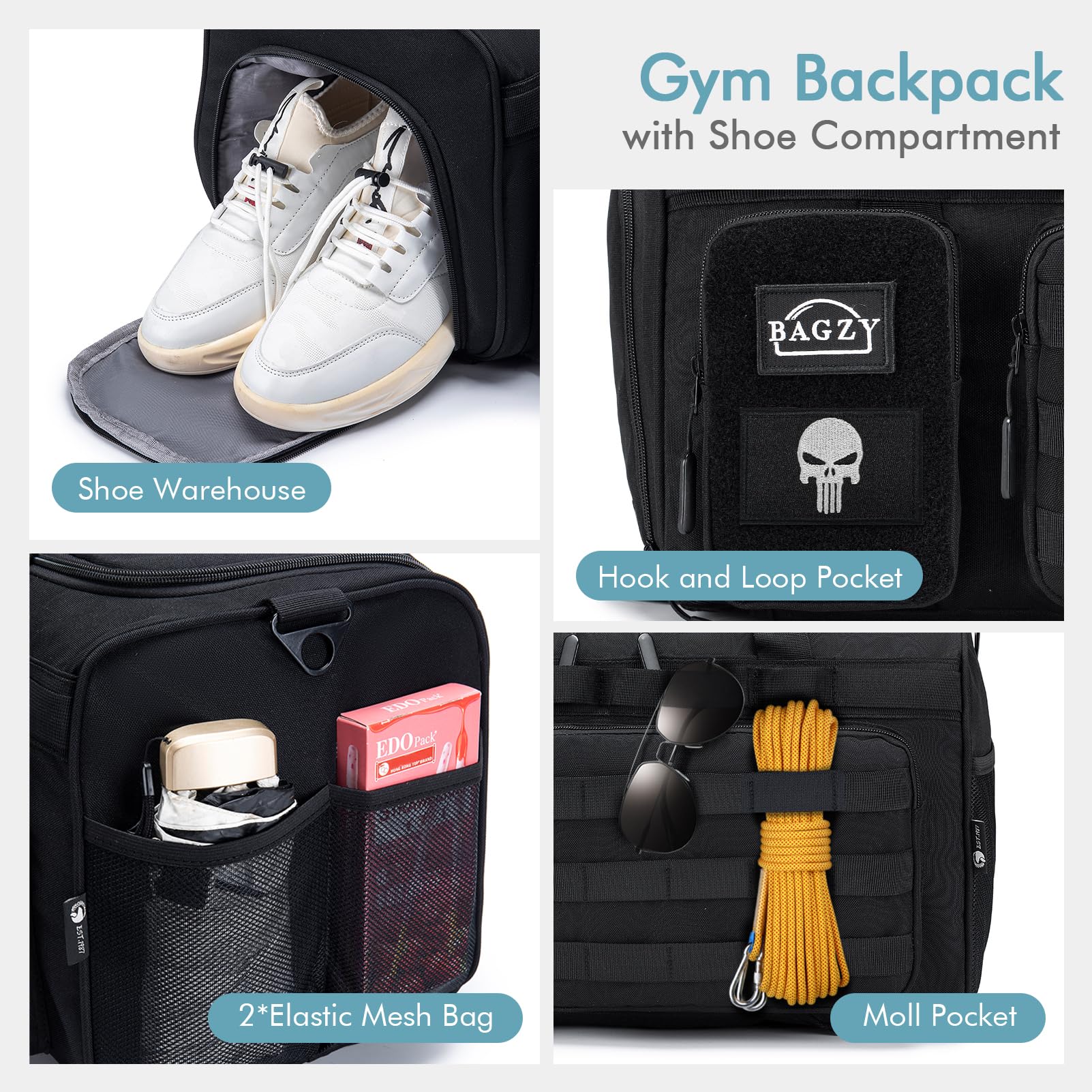 BAGZY Taktischer Reisetasche Sporttasche Herren mit Schuhfach Gym Tasche Rucksack 40L Trainingstasche Herren Für Arbeits Reise Sport Fitness Weekender Zelten mit Taktische Kulturtasche Schwarz