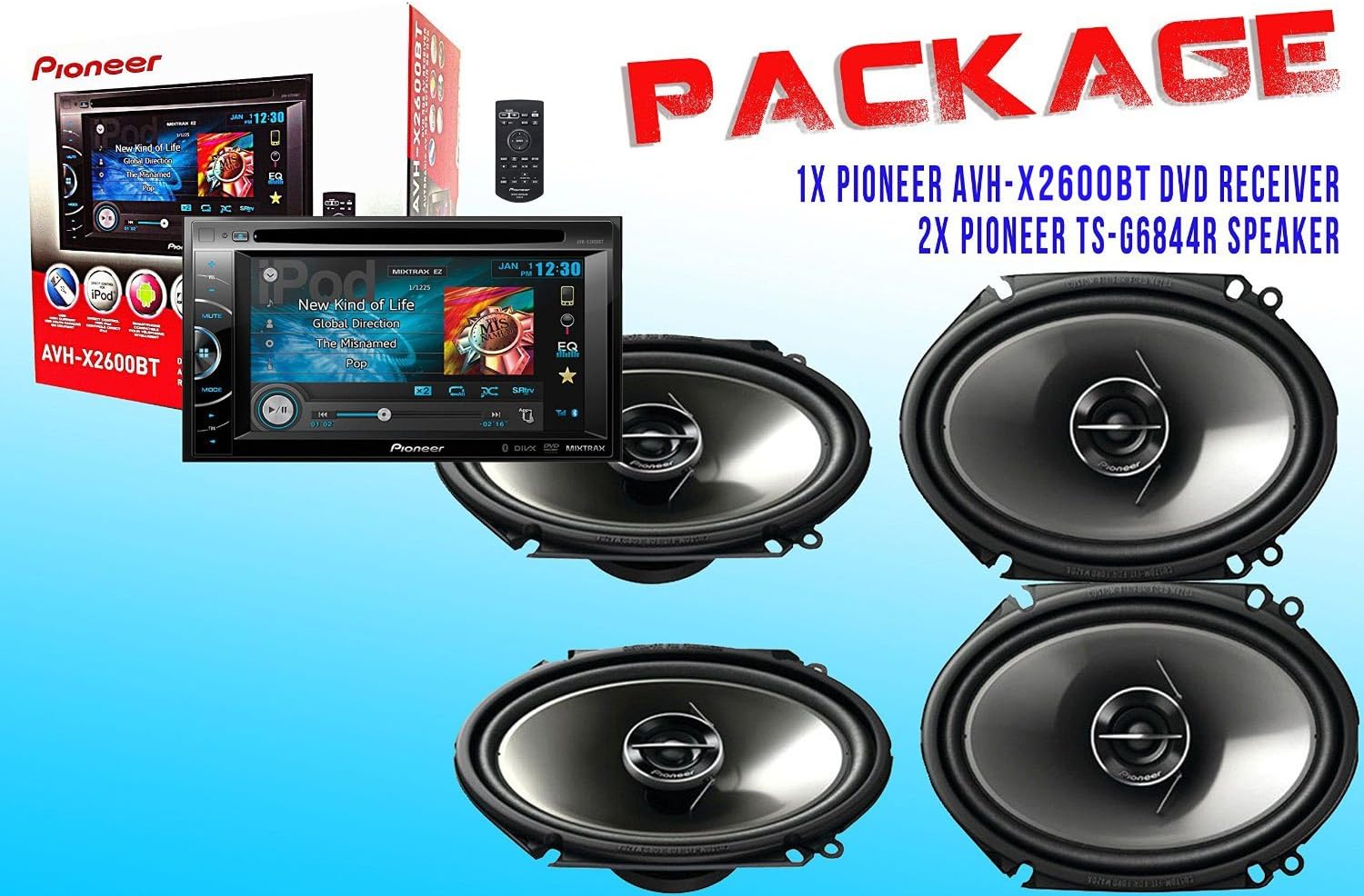 PACKAGE ! Pioneer AVH-X2600BT DVD Receiver + Two Set Pioneer TS-G6844R Car Speakers - 4 Speakers