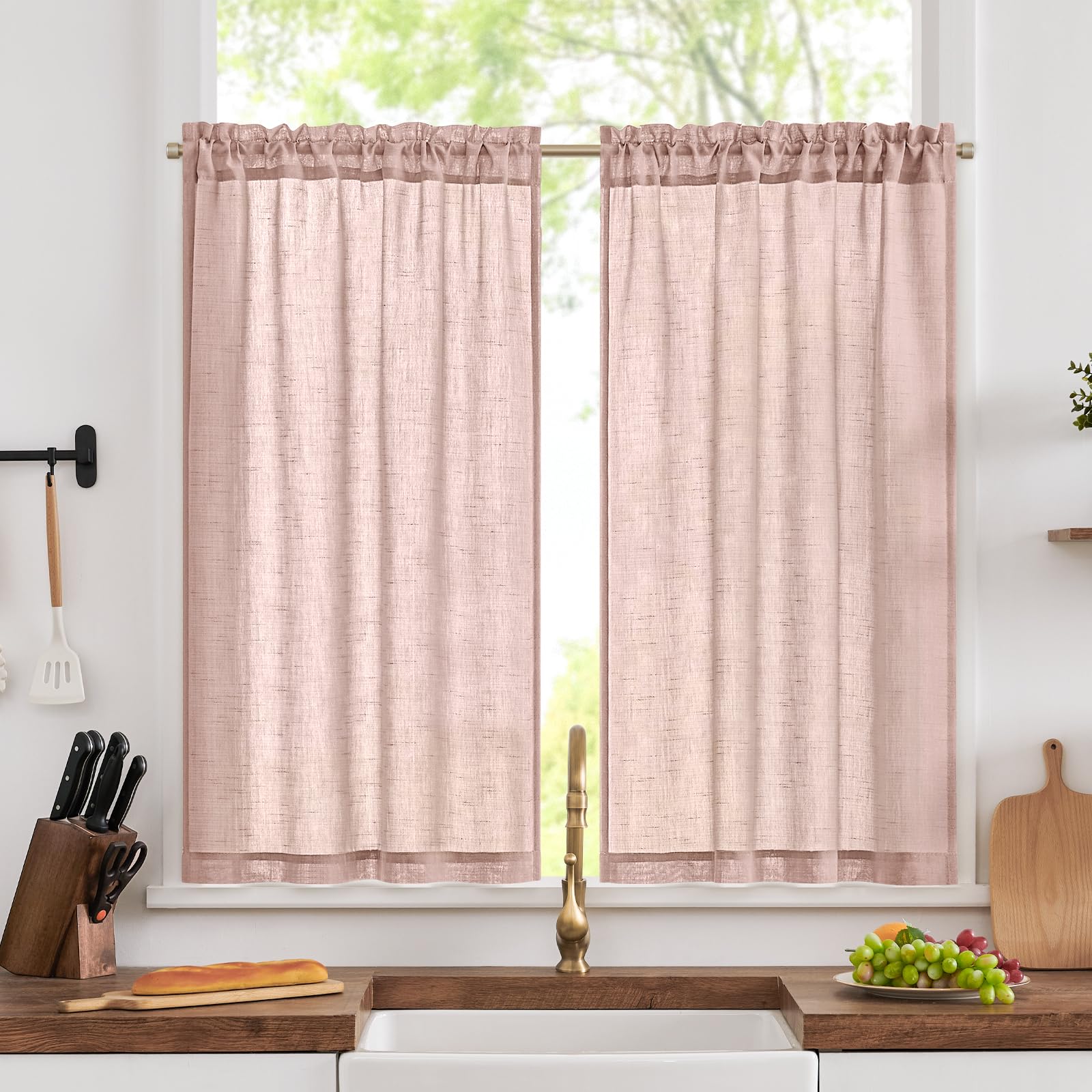 TOPICK Kitchen Curtains 45 Inch Drop, Cafe Curtain 2 Panels, W26xL45, Pink