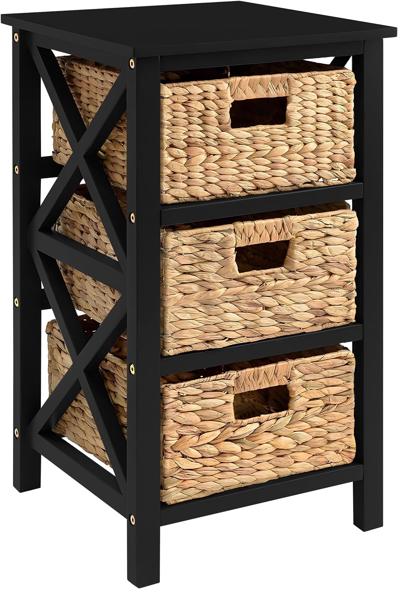 3 Tier X-Side End Table with Wicker Baskets for Bedside, Living Room, Black