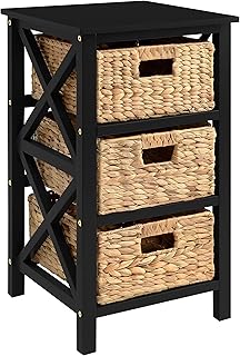 eHemco 3 Tier X-Side End Table with Wicker Baskets for Bedside, Living Room, Black