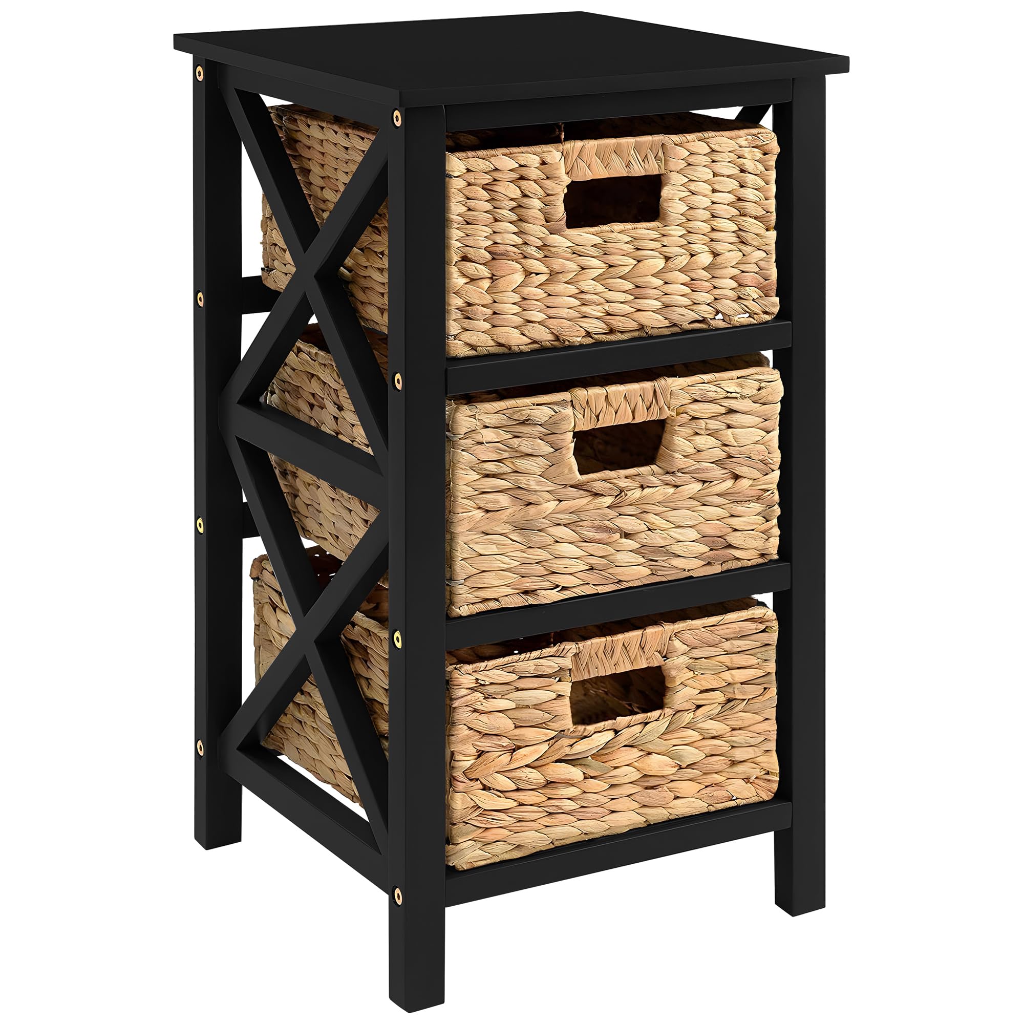 eHemco 3 Tier X-Side End Table with Wicker Baskets for Bedside, Living Room, Black