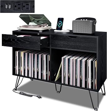 TC-HOMENY Record Player Stand, Double Wide Turntable Stand with Record Storage and Metal Hairpin Legs, Record Player Table Holds Up 350 Albums for Living Room, Bedroom, Office