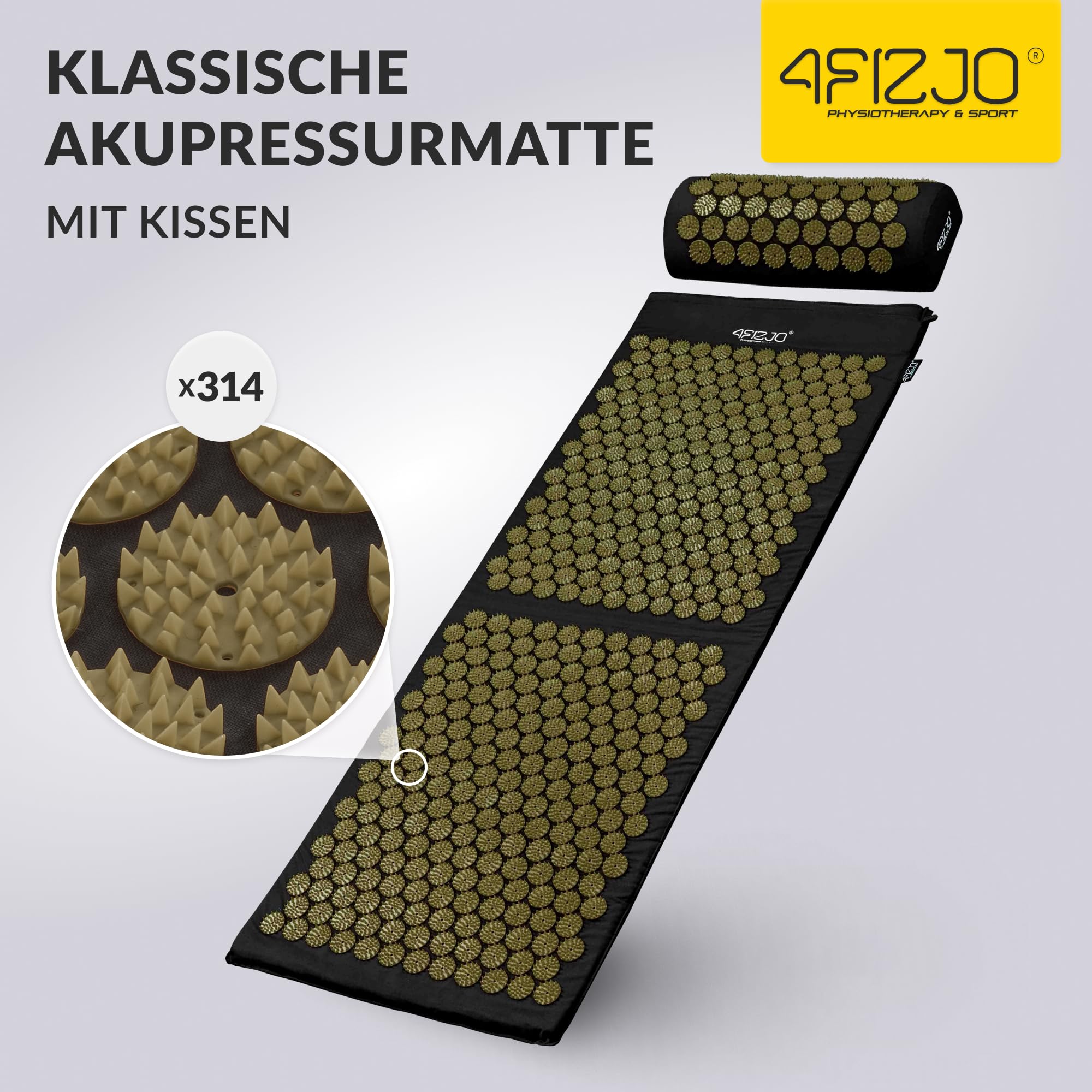 4FIZJO Akupressurmatte & Kissen XL, 110x42x2 cm, mit Tragetasche, Polyurethanschaum, Hypoallergen, 15330 Stacheln, Massagematte für bessere Durchblutung, Muskeln Entspannung, Farbe: Schwarz und Gelb
