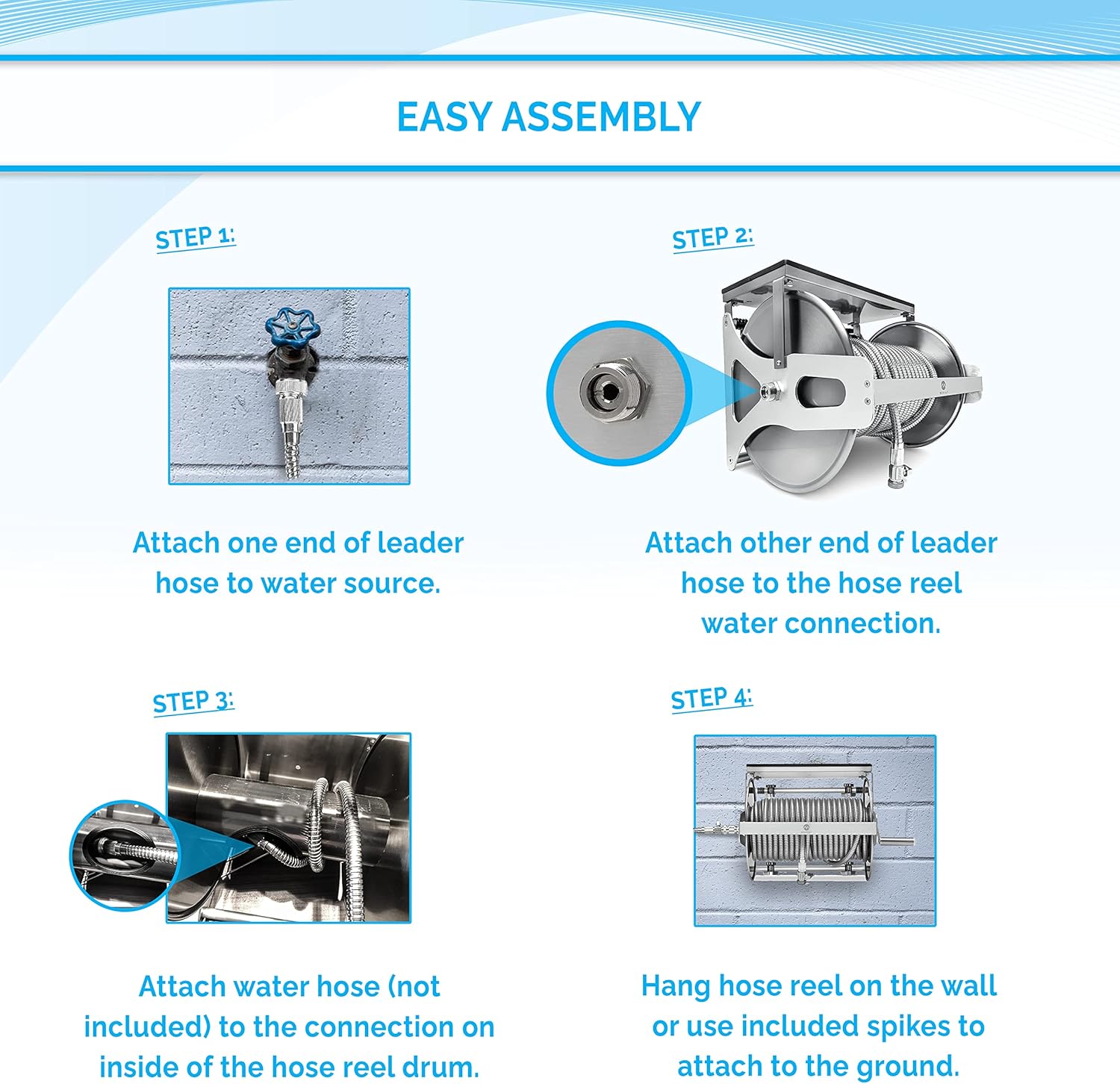 Stainless Steel Wall-Mount Hose Reel with Crank and Shelf