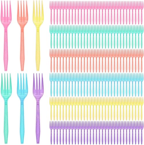 150 tenedores de plástico pastel de 6 colores macarrón, desechables, de alta resistencia, tenedor de postre, cubiertos de plástico para cumpleaños,