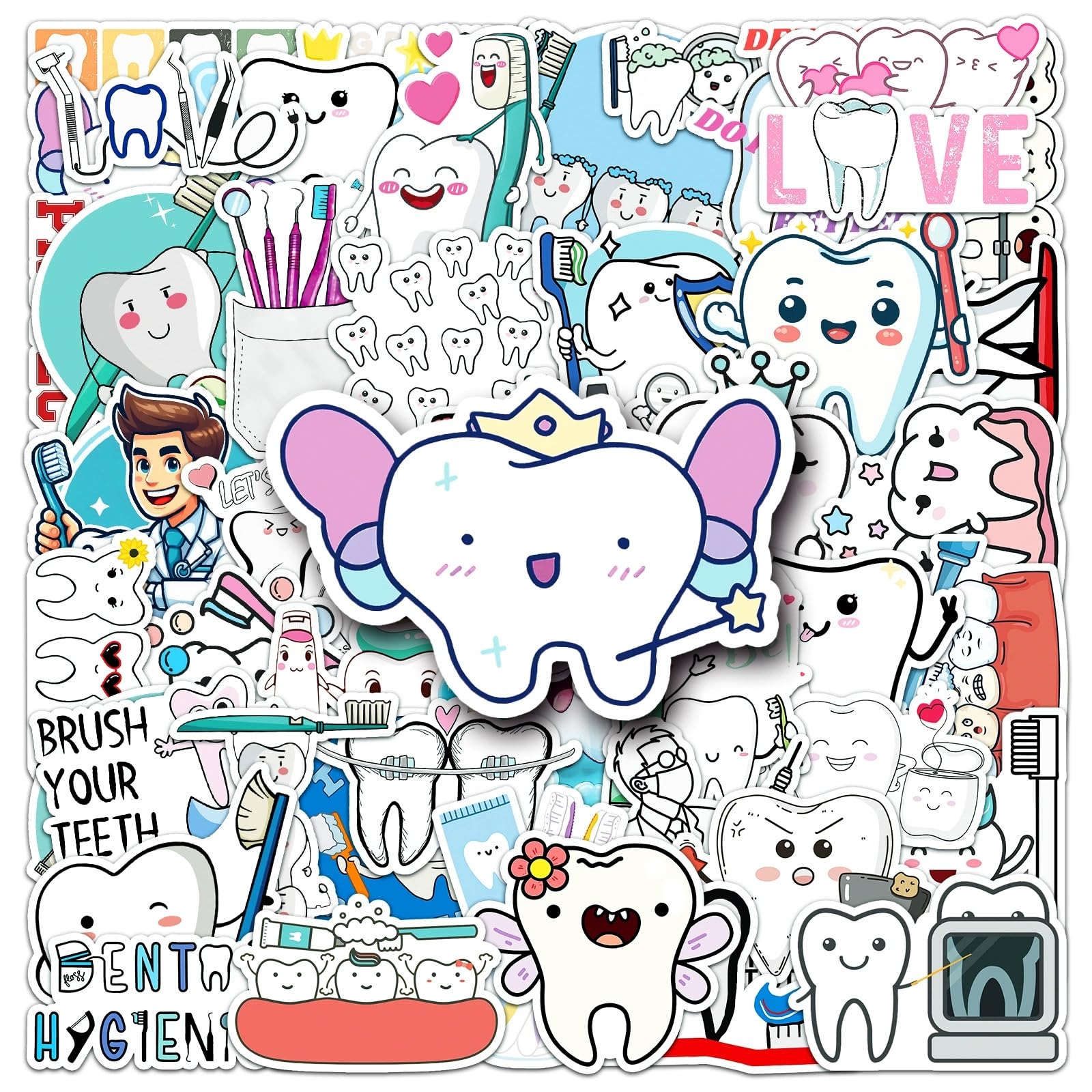 50 Pcs Cartoon Tooth Stickers for Water Bottle Waterproof Sticker for Laptop Skateboard Phone Car Decals for Teens Adults for Party Favors Supplies Decor (Cute Tooth Stickers)