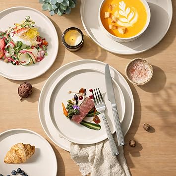 GBHOME Stoneware Dinnerware Sets for 4, 12 Pieces Lightweight Ceramic Ribbed Plates and Bowls Set, Reactive Glaze Stackable Plate Sets, Scratch Resistant Dishes, Microwave & Dishwasher Safe,Beige