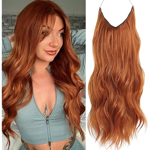 Invisible Wire Clip Hair Extensions: Transparent Wire Adjustable Size 4 Secure Clips Long Extension Secret Hairpiece 20 Inch Cooper Red for Women