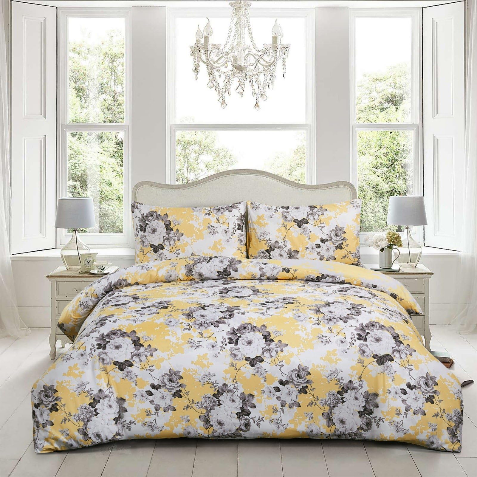renoazul Microfiber Single Duvet Covers Set - Single Duvet and Pillow Set with Fitted Sheet, Bedding Sets Soft Quilt Cover Single Bed Set - Single 3 Piece, Vintage Floral Gold