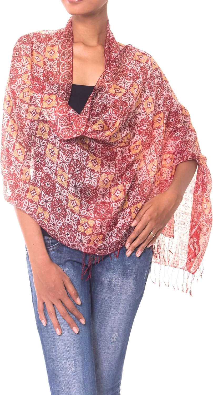 NOVICA Artisan Handmade Silk Batik Shawl Red Indonesia Accessories Patterned Aurora Floral 'Red Lotus Floral'