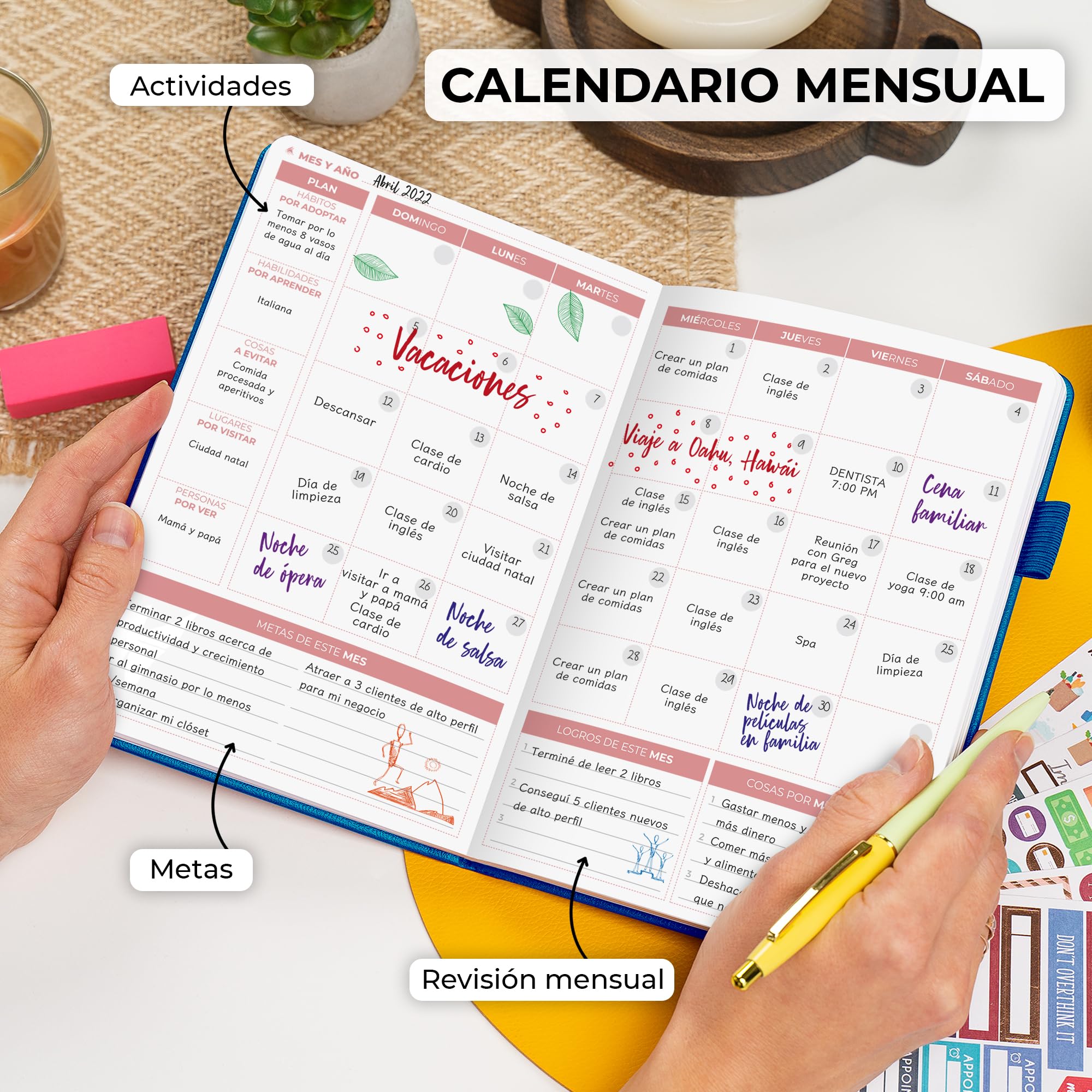 Clever Fox Agenda 2 Edición en Español - Colorida Agenda de Objetivos Semanales y Mensuales, Organizadora de Tiempo, Sin Fecha A5 (Azul místico)