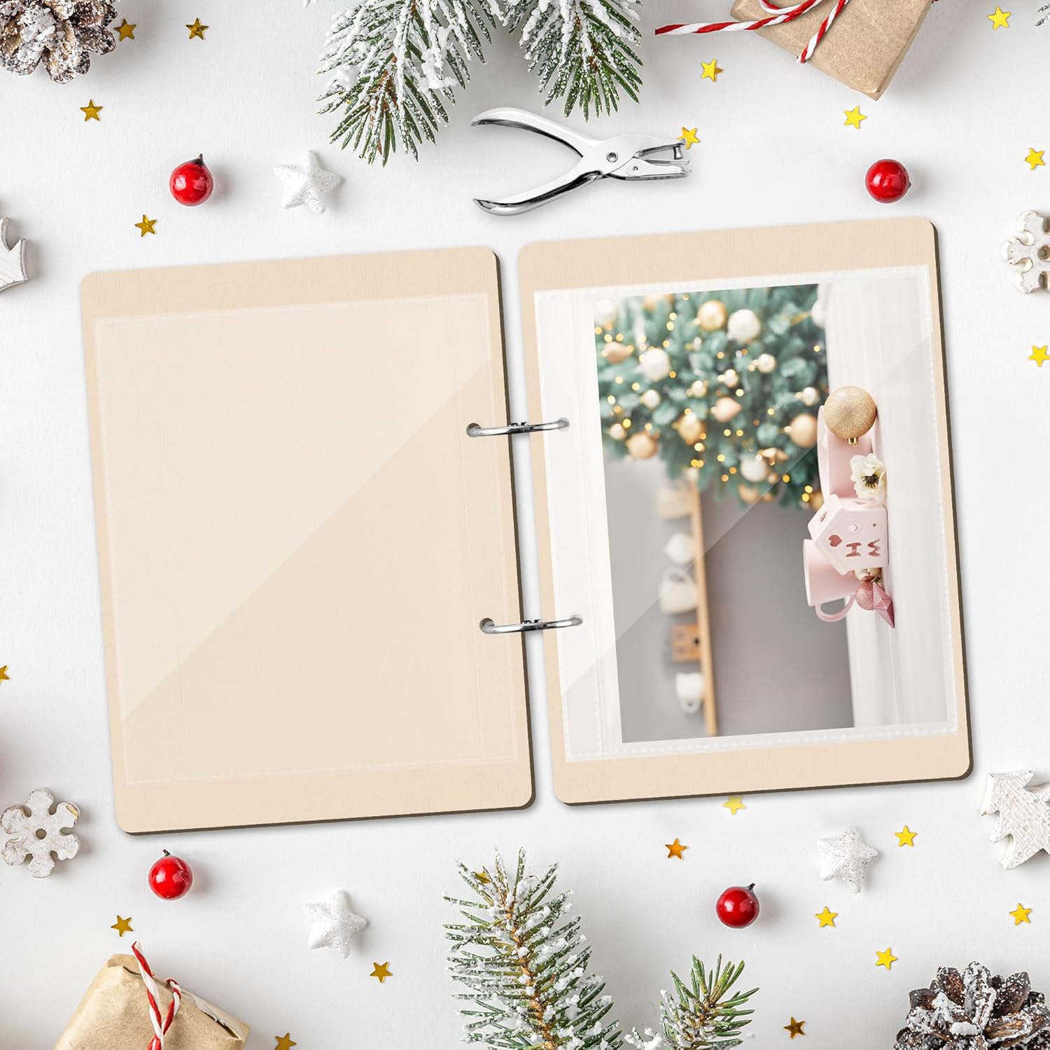 CJiangpo Christmas Card Keeper Set - Wooden Christmas Greeting Card Holder with 20 Protectors Velvet Ribbon Rings Hole Punch Keepsake Book Binder Postcards Storage Holiday Photo Album Keeper Xmas Gift