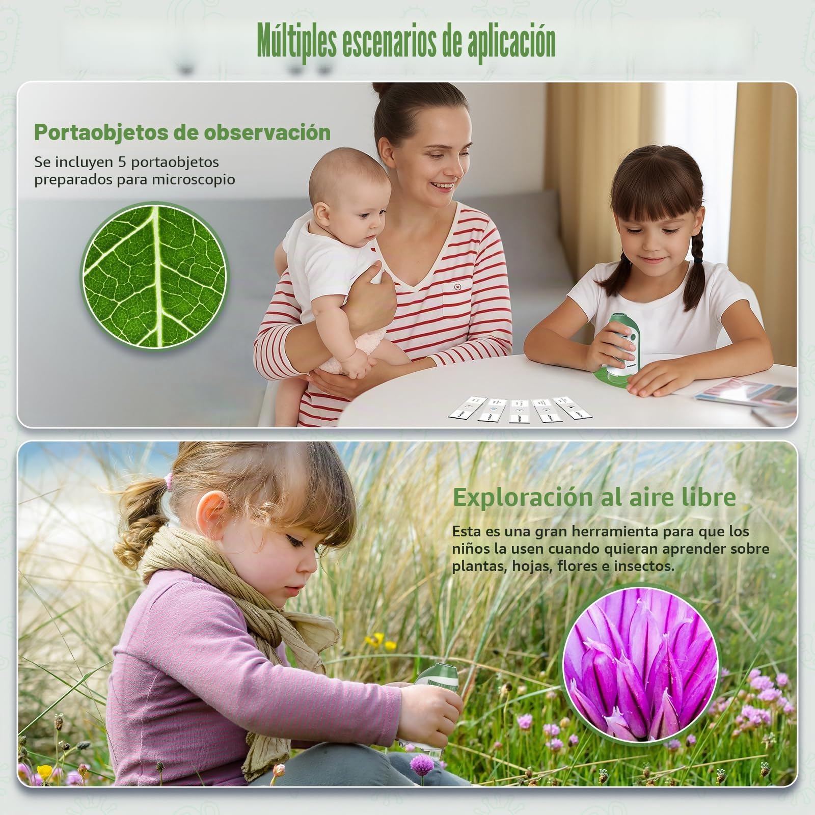 Microscopio Portatil para Niños con Juego de Portaobjetos: 60x-135x Mini Microscopio LED de Bolsillo Regalo Educativo Infantil para Estudiantes Adultos Observación Microbiológica