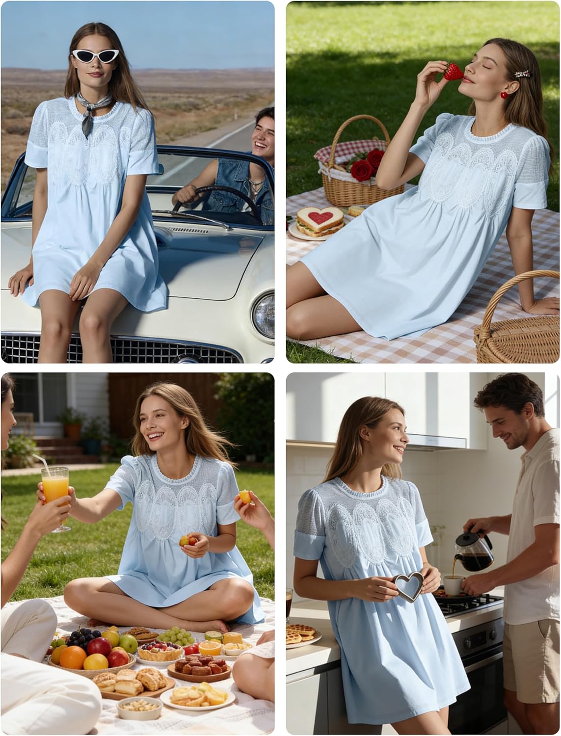 Shiyifa Womens Babydoll Lace Patchwork Dresses Summer Short Sleeve Ruffle Sundress Loose Crew Neck A-Line Dresses - Image 7