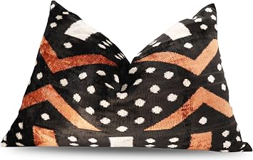 Canvello Handmade Velvet Decorative Pillow 16" x 24" | Premium Down Feather Fill, Black and Copper Geometric Pattern, Hidden Zipper Closure