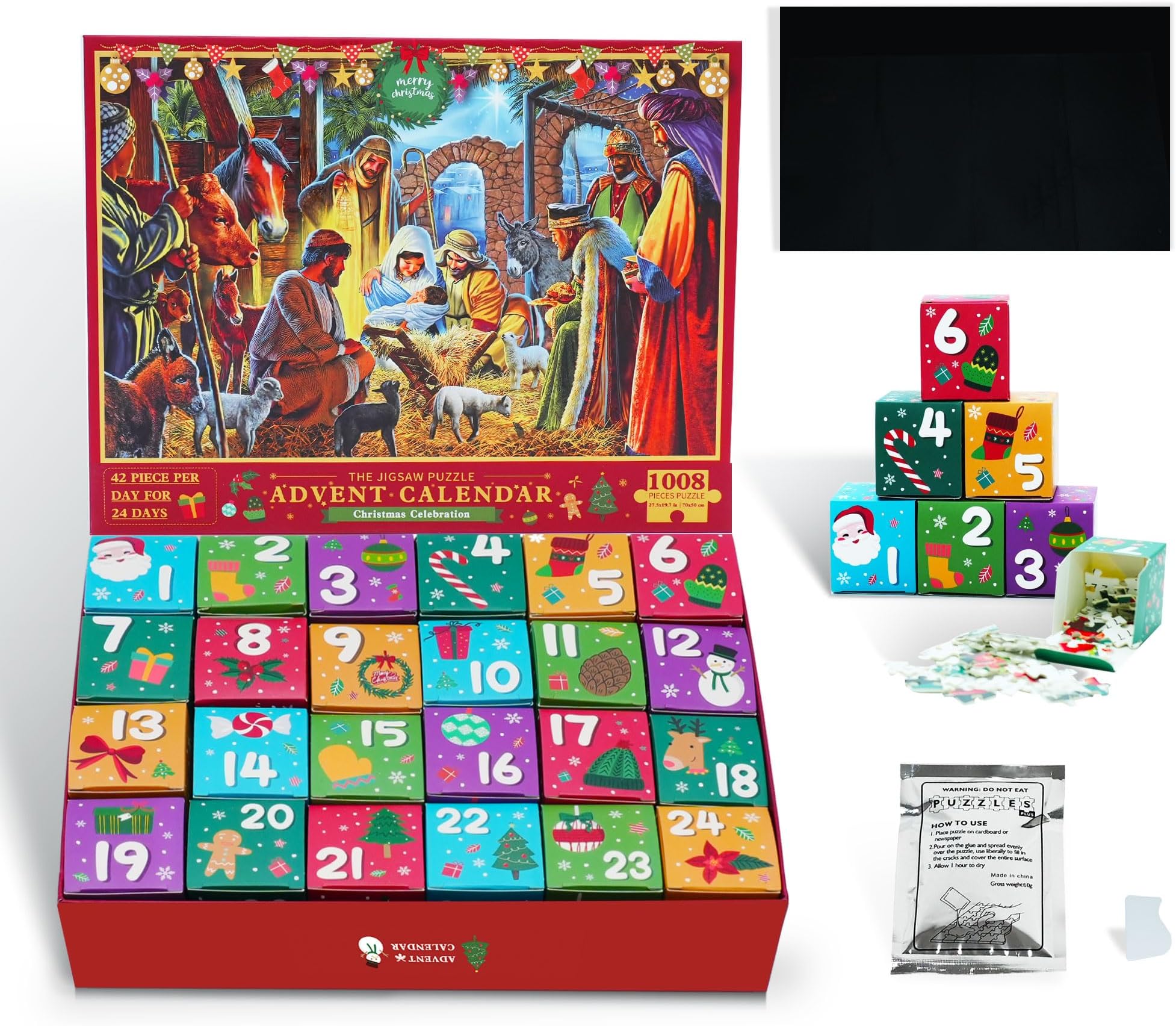 Advent Calendar 2024 Jigsaw Puzzles with Puzzle Mat, Nativity Scene Jigsaw Puzzles 1008 Pieces, 24 Days Surprise Christmas Countdown Calendars Gift for Kids Adults