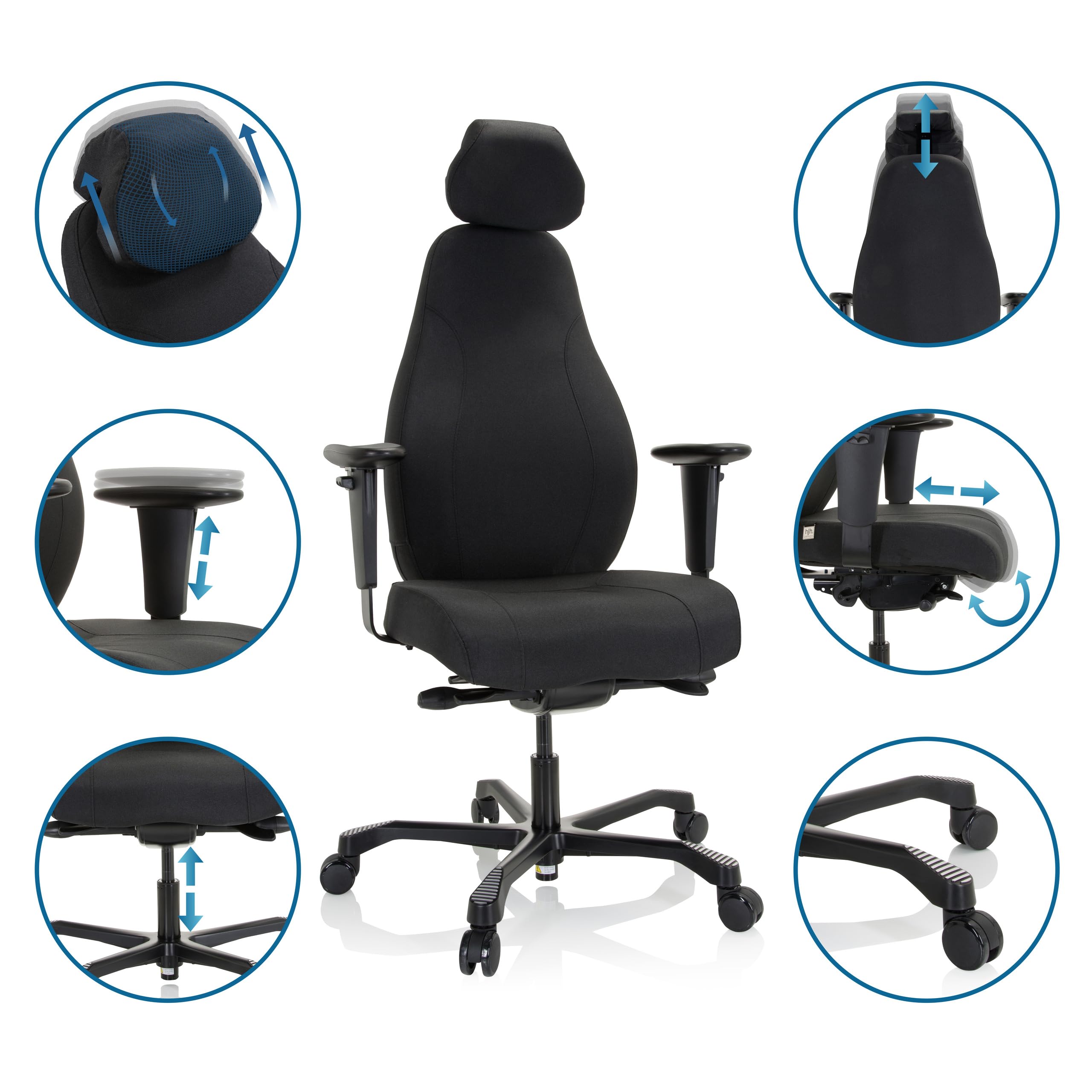hjh OFFICE 608917 Profi Chefsessel RESISTIO XXL Stoff Bürostuhl ergonomisch, bis 200-kg belastbar, 24h Einsatz, Schwarz