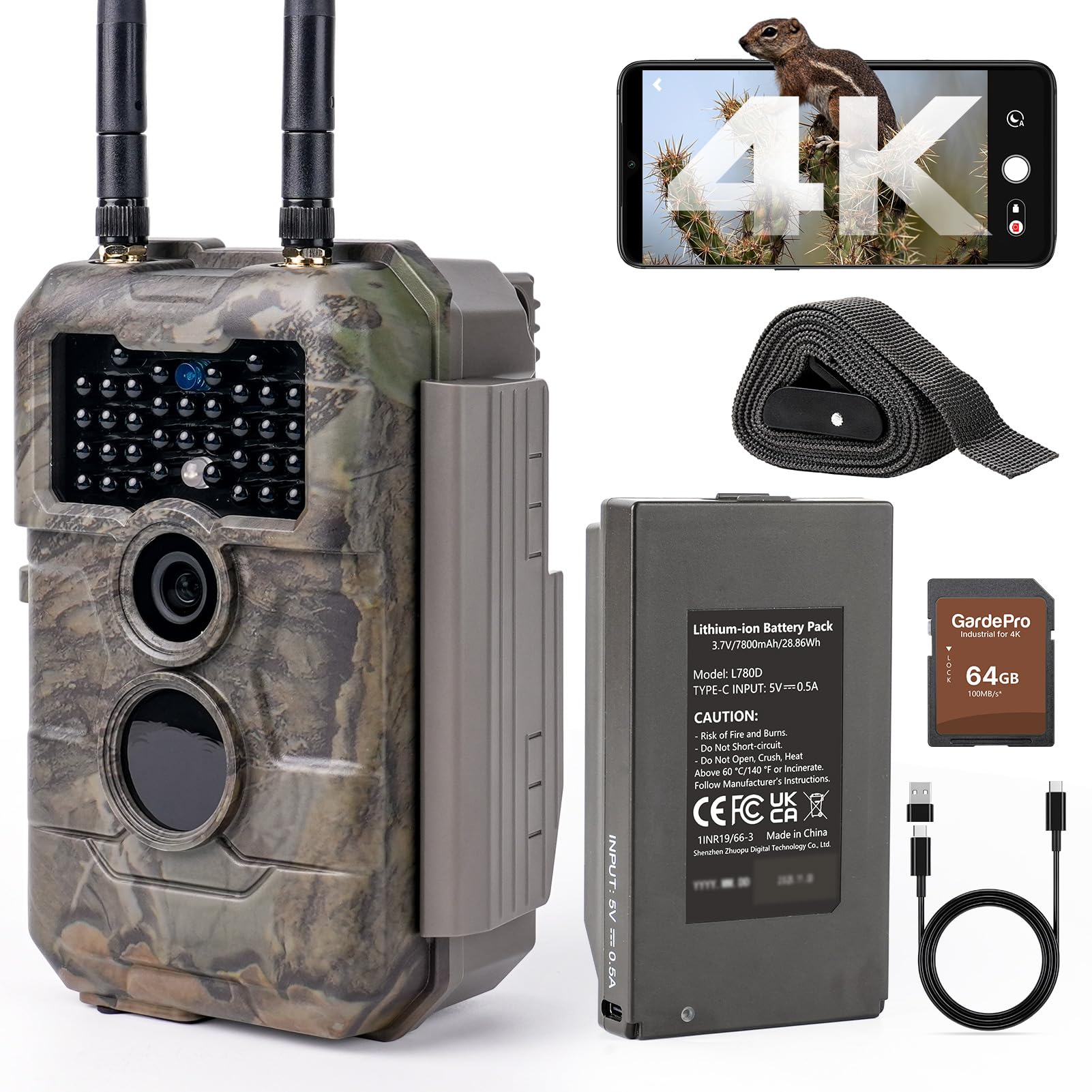 GardePro E6 2.0 Pro 4K Camera de Chasse WiFi, Batterie de 7800 mAh et Carte SD de 64 Go, Portée WiFi de 50 mètres, 64MP Caméra de Chasse Connectée Telephone, Camera Vision Nocturne Animaux Exterieur