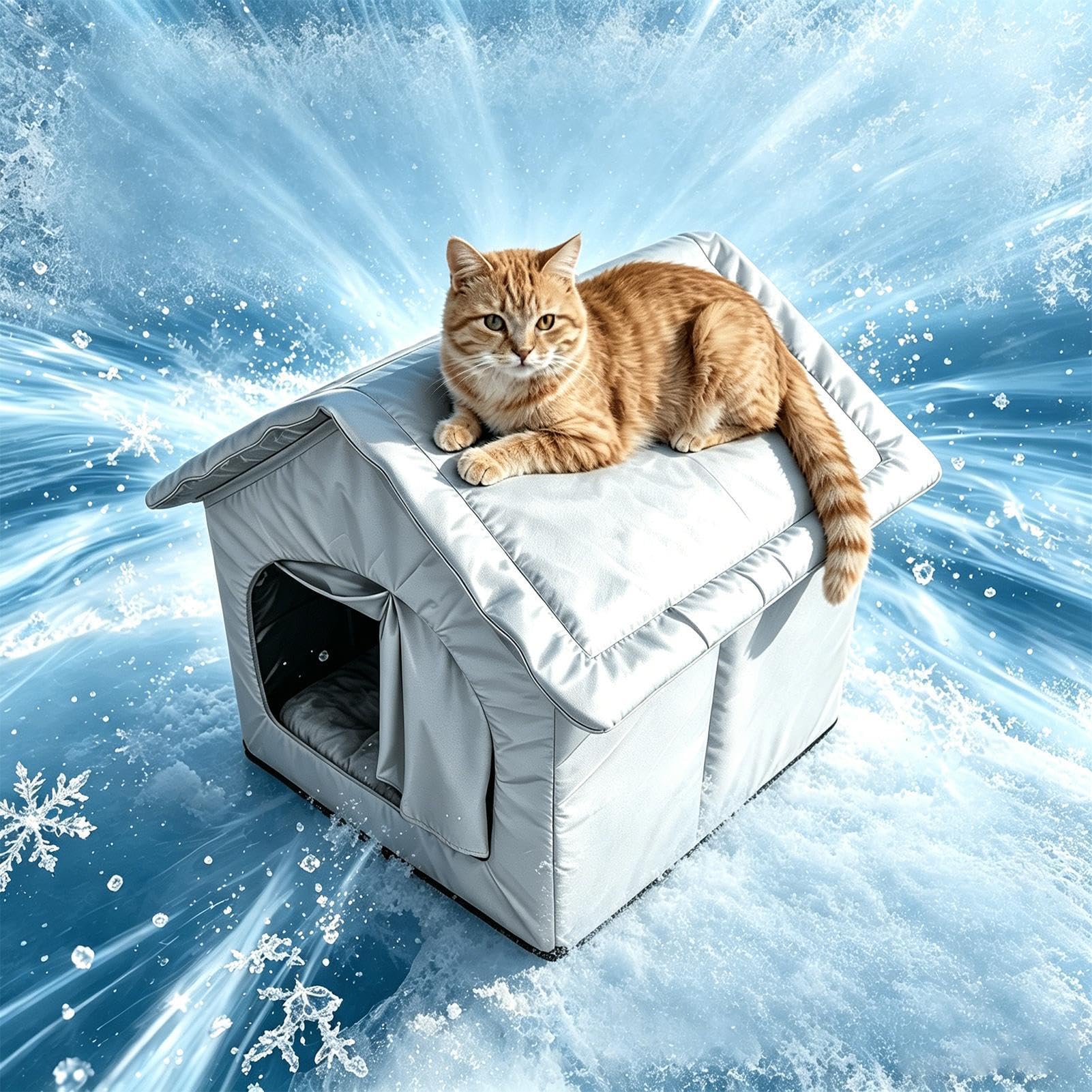 Casetta per gatti rinfrescante all'aperto con impacchi di ghiaccio isolata