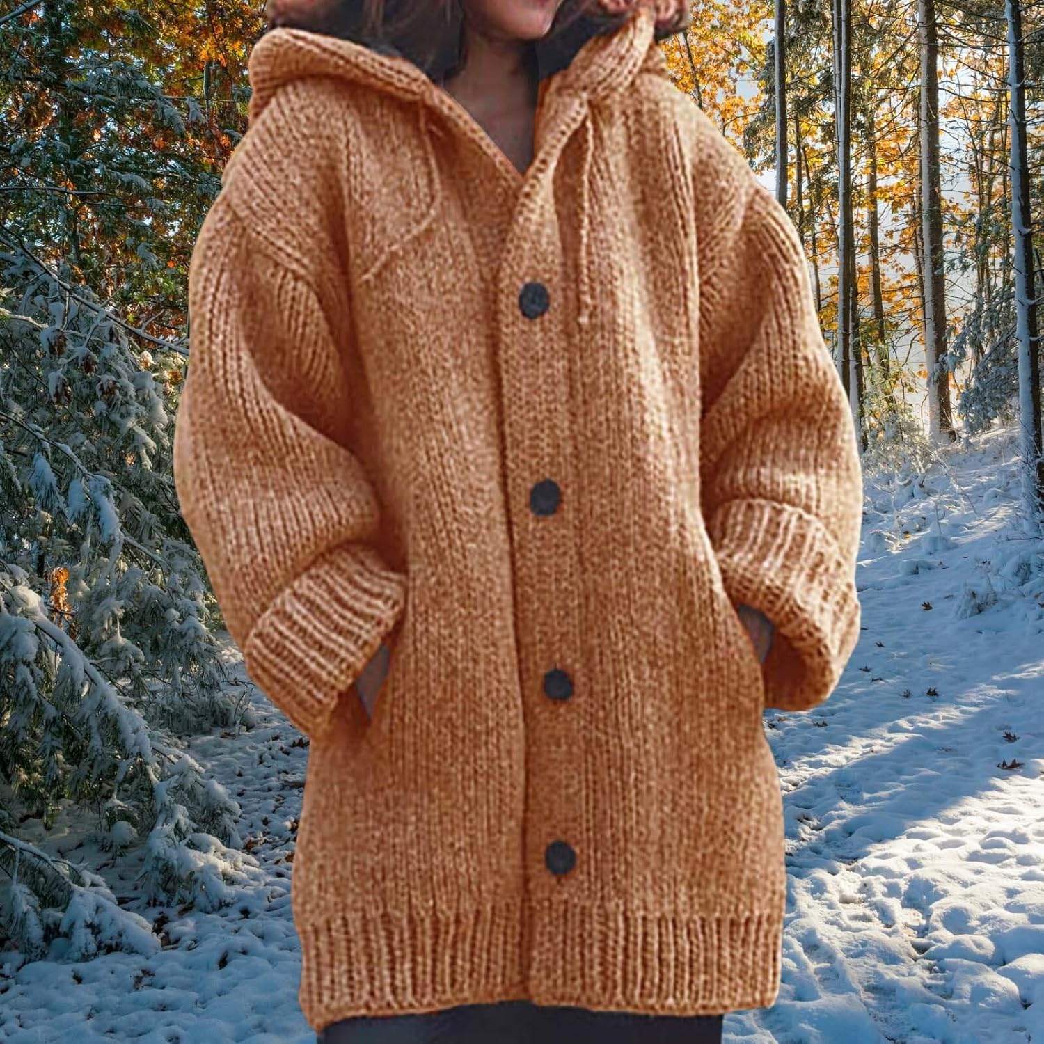 Womens Cable Knit Thick Button Hooded Cardigan Jackets Long Sleeve Chunky Fleece Winter Sweater Coats with Pockets - Image 2