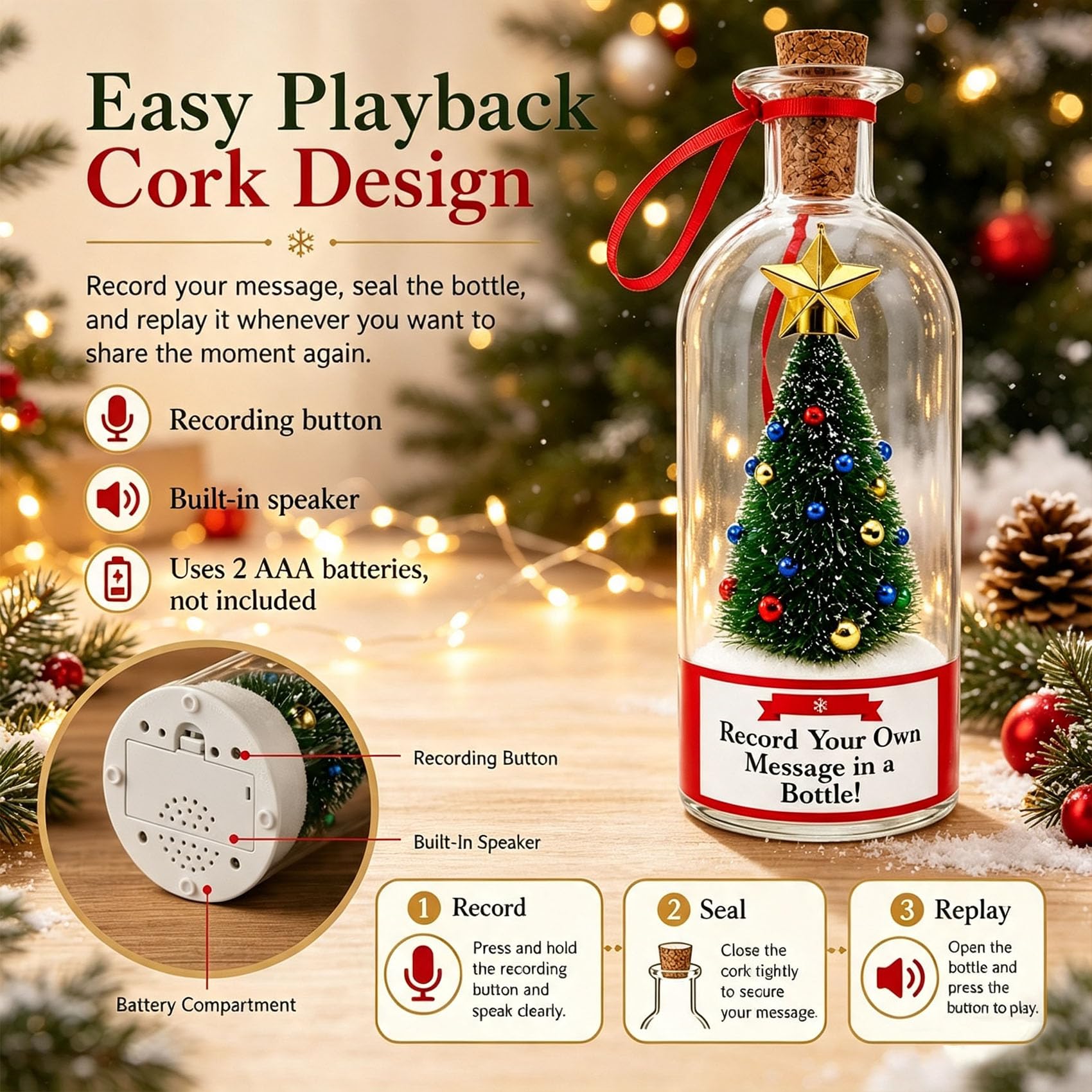 Bottiglia in vetro con albero di Natale messaggio vocale registrabile (A#) | Messaggio natalizio in bottiglia, ricordo con funzione di riproduzione vocale da 30 secondi, decorazione o regalo natalizio