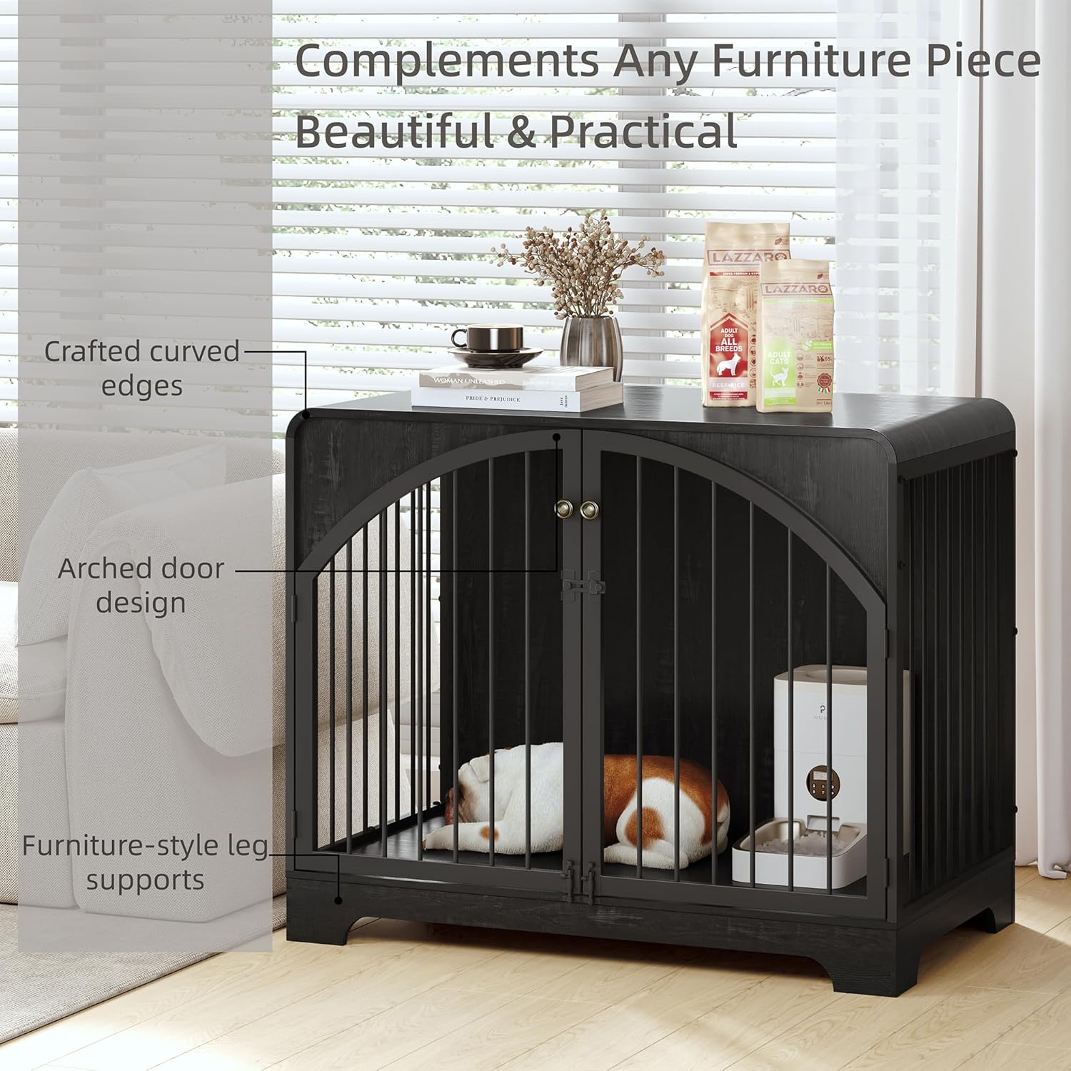40" Farmhouse Dog Crate Furniture for Large/Medium Dogs, Decorative Pet House End Table, Wooden Dog Kennel Furniture Indoor, Black