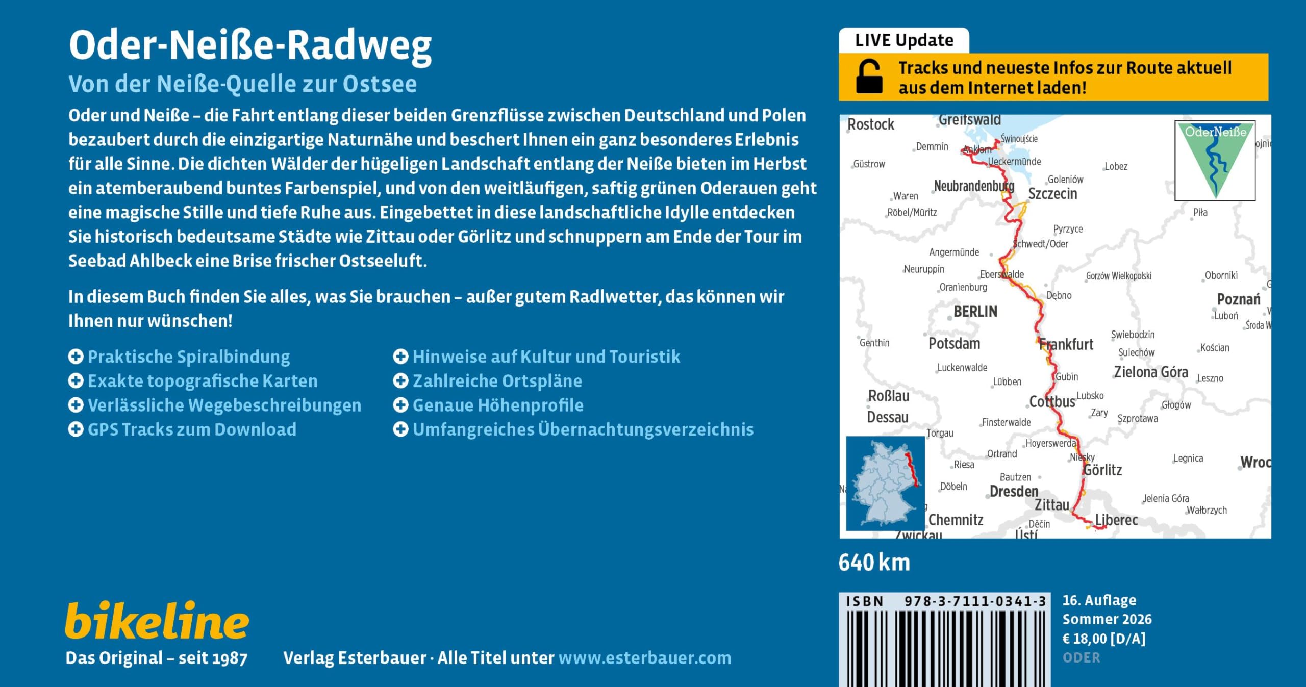 Oder-Neiße-Radweg: Von der Neiße-Quelle zur Ostsee, 640 km, 1:75.000, GPS-Tracks Download, LiveUpdate, Übernachtungsverzeichnis (Bikeline Radtourenbücher)
