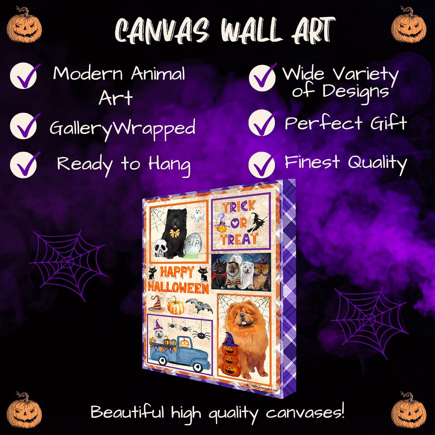 Doggie of the Day Happy Halloween with Chow Chow Dogs Canvas Wall Art - Premium Quality Ready to Hang Room Decor - Flat Rolled 8" x 10"