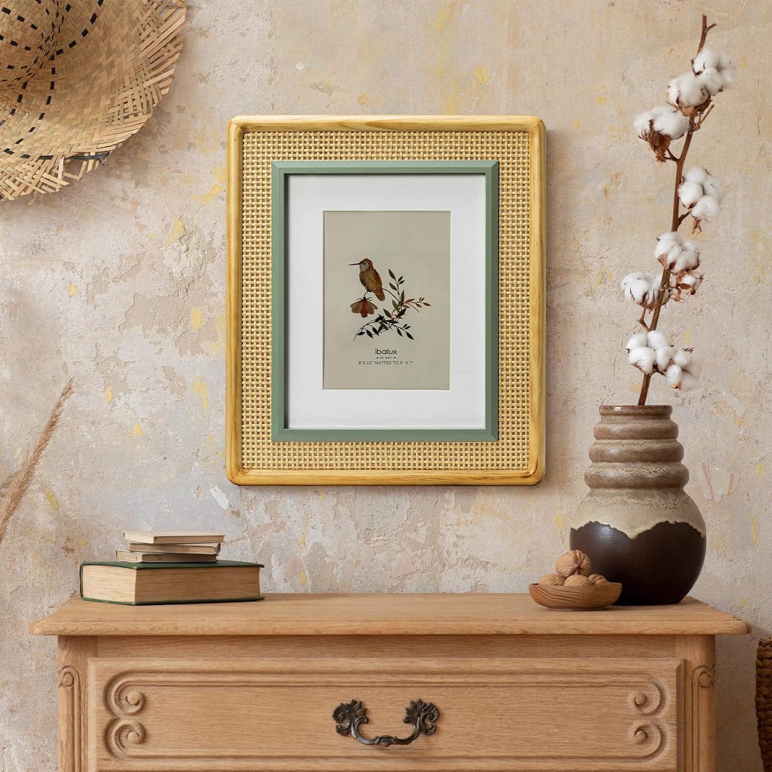 8x10 Picture Frame, Natural, Green and Rattan Trim, Pine Wood with Real Glass, Matted to 5x7, Vertical and Horizontal for Tabletop or Wall Hanging Display Photo Frame
