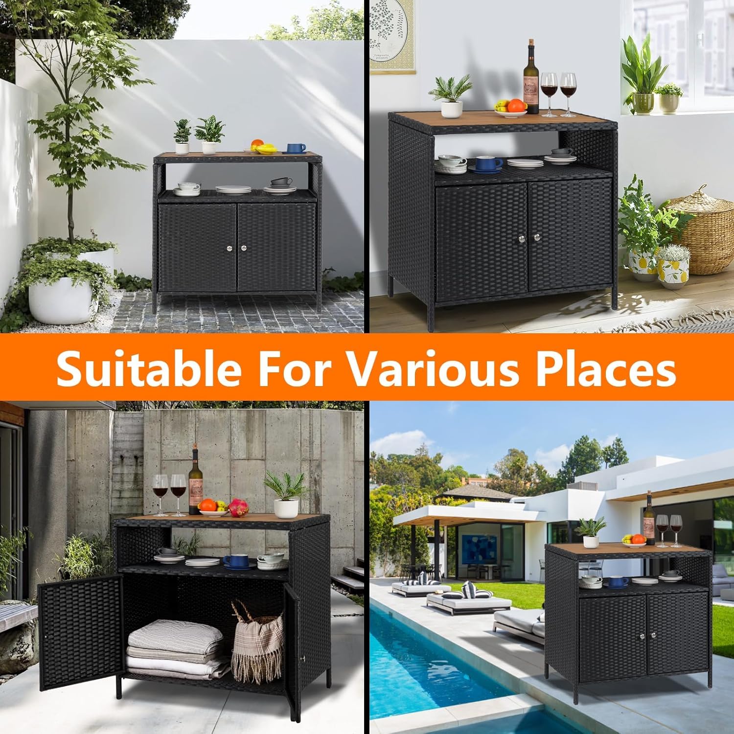 Patio Outdoor Wicker Storage Cabinet with Shelf, Patio Bar Table with 2-Door and Weatherproof Wicker, for Patio Pool Garden Kitchen, Brown