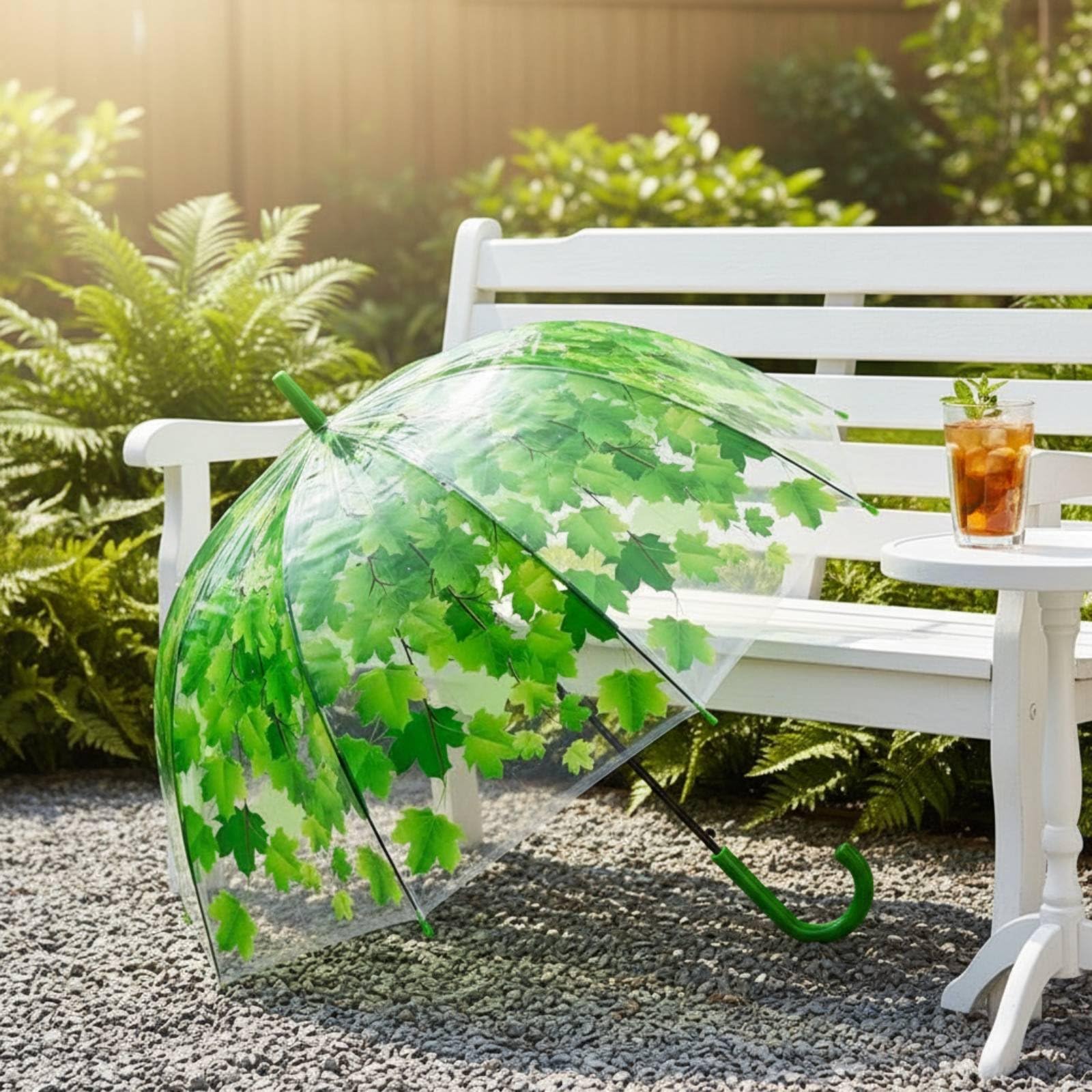 Baoblaze Ombrello Trasparente Antipioggia con Fantasia Foglia d'Acero Manico Ergonomico Struttura Robusta E Apertura Semiautomatica in Materiale PVC Comodo per