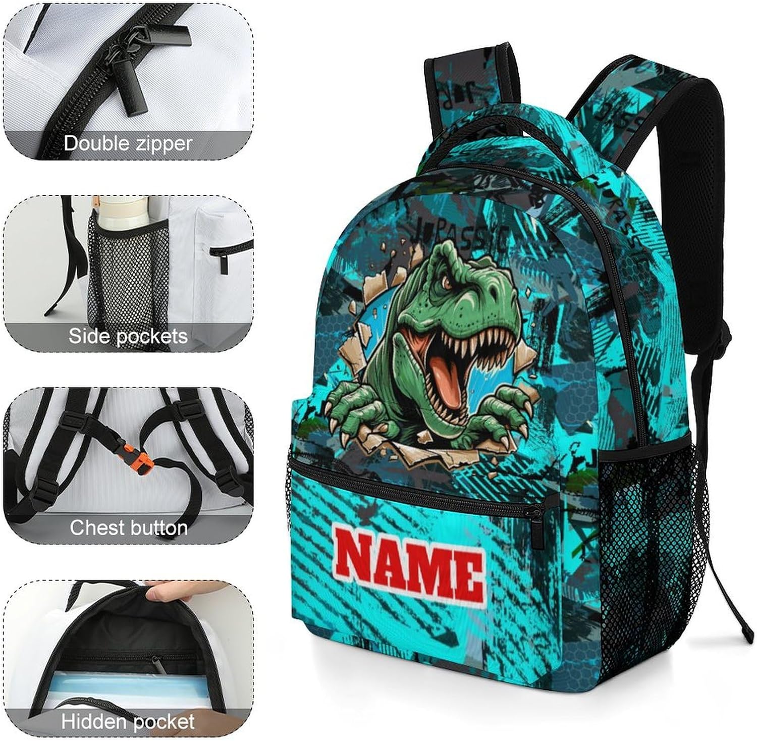 Custom Kids Backpack Set Personalized Name Text Dinosaur Skeleton Camouflage Backpack with Lunch Box Kids Water Bottle Customized Set of 3 School Bookbag