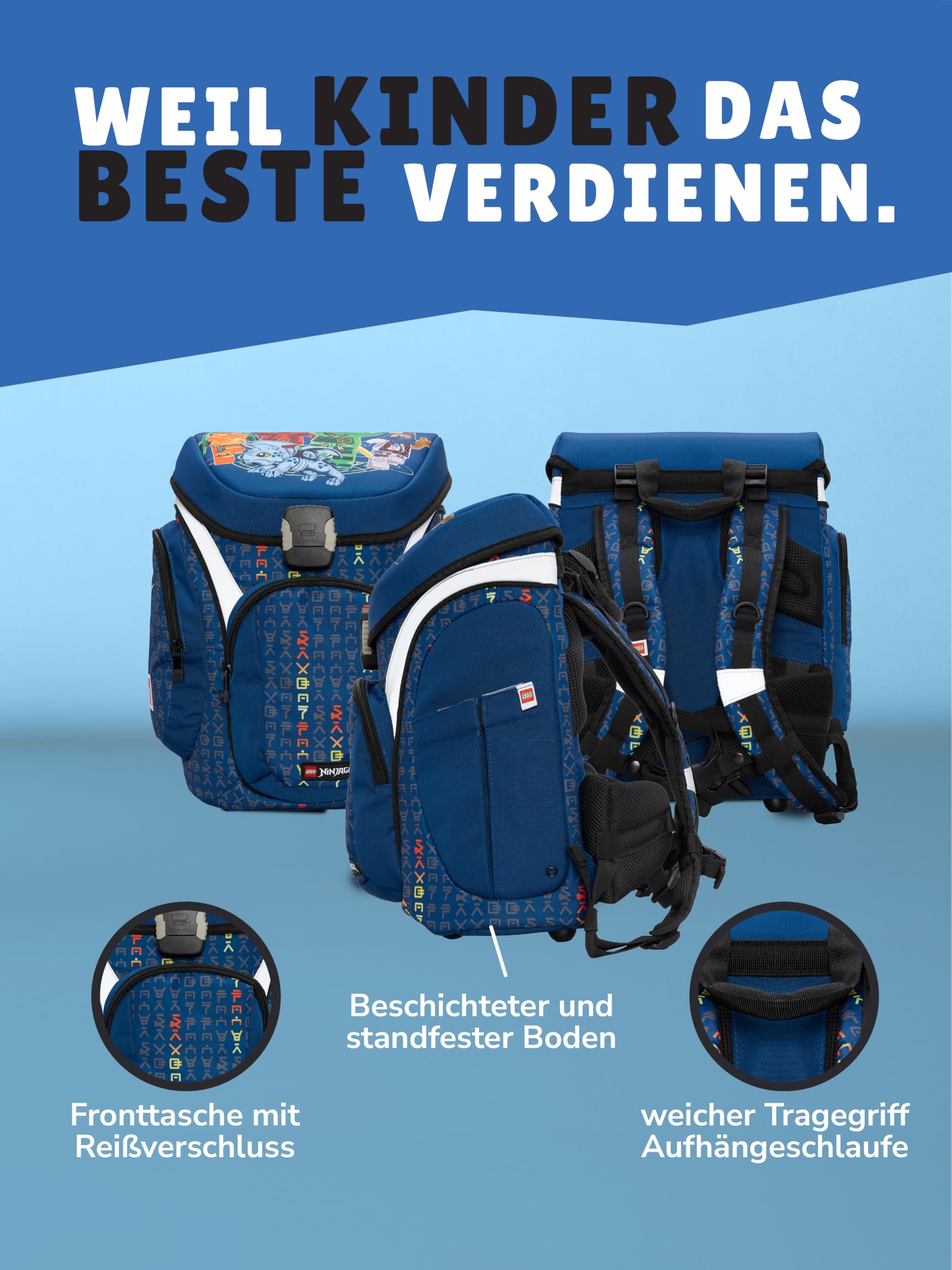 Familando - Schulranzen Set 9-teilig mit Sporttasche - Ninjago Blau - Ergonomisch, stabil & mit gepolstertem Rücken - 1250g leicht mit 16L Volumen - wasserabweisend und mit Reflektoren - Ab 1. Klasse
