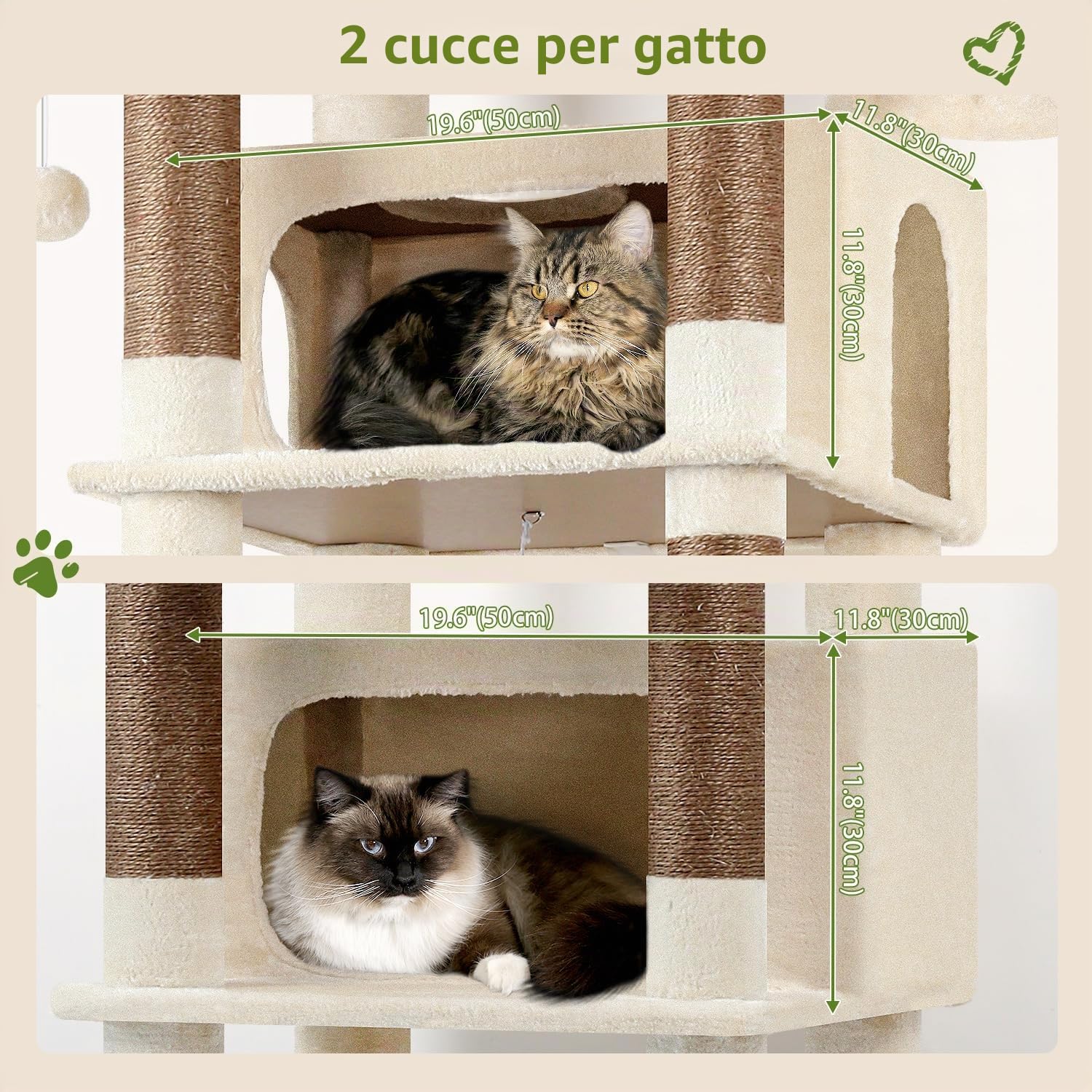 Globlazer Tiragraffi per Gatti Beige XXL, Albero Gatti Alto 213 cm con 2 Grandi Grotte 50*30*30CM, Grande Piattaforma, Trespoli, Amaca, Torre del Gatto Stabile per Grandi Gatto Adulti (F83B, Beige)