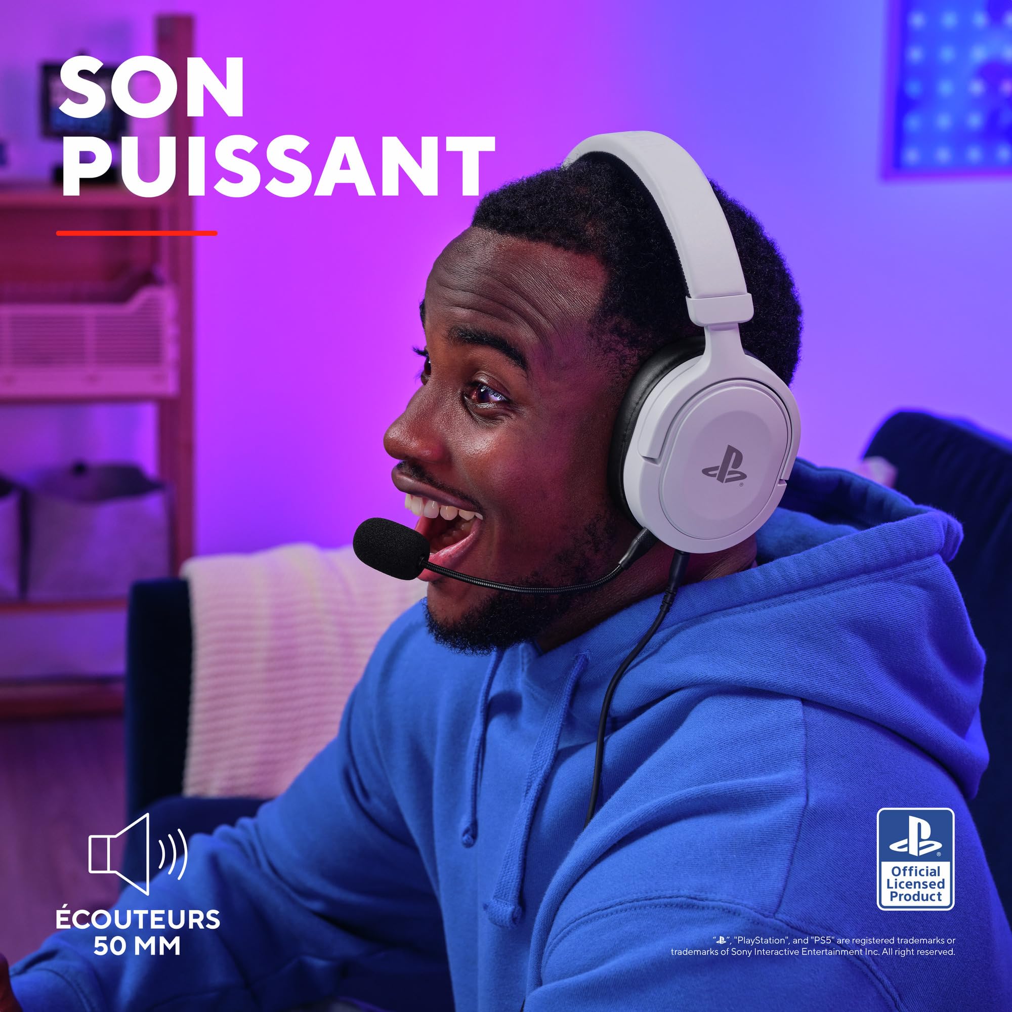 Trust Gaming GXT 498W Forta Casque PS5 Durable, Licence Officielle pour PlayStation 5, Casque Gamer PS4, Arceau Réglable, Câble de 1,2 m, Casque Gaming Over Ear avec Microphone Détachable, Blanc