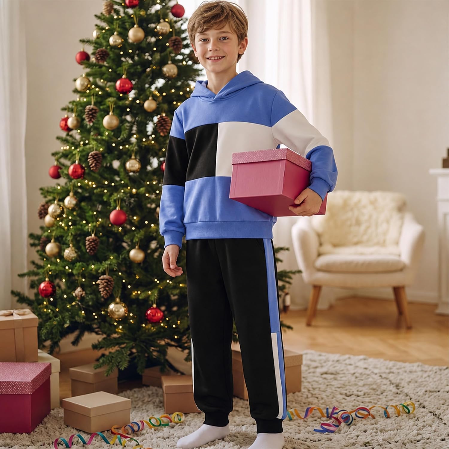 Boys Sweatsuit 2 Piece Colorblock Hoodie Pants Tracksuit Set 3-12 Years