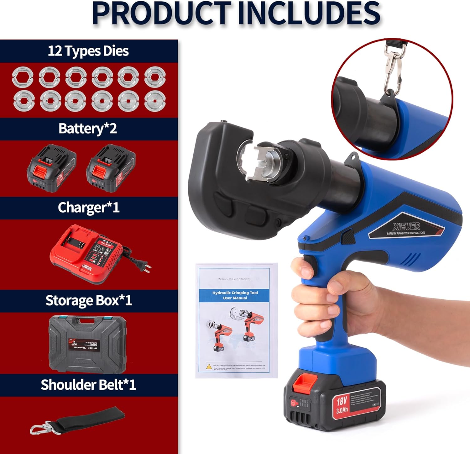 Electric Hydraulic Crimping Tool Kit, 2Pcs lithium battery,12 Dies (HCT-400A),12KN 6AWG-800MCM Rechargeable Hydraulic Crimper for Cu/Al Terminal, household and industrial Crimping Wire Cable.