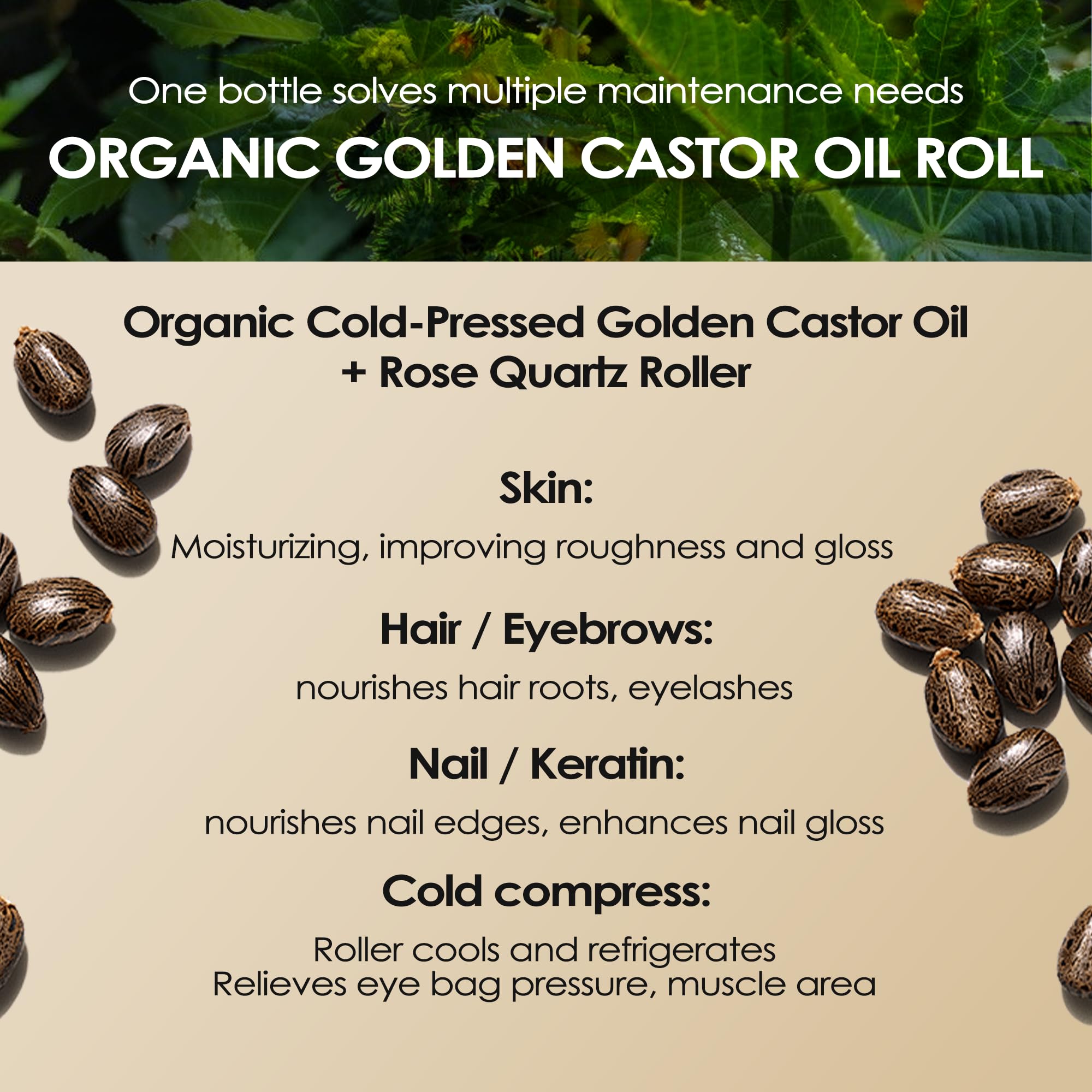 Olio di ricino biologico con rullo al quarzo rosa, 100% puro pressato a freddo e non raffinato, per la crescita di capelli, ciglia, sopracciglia e pelle (1)