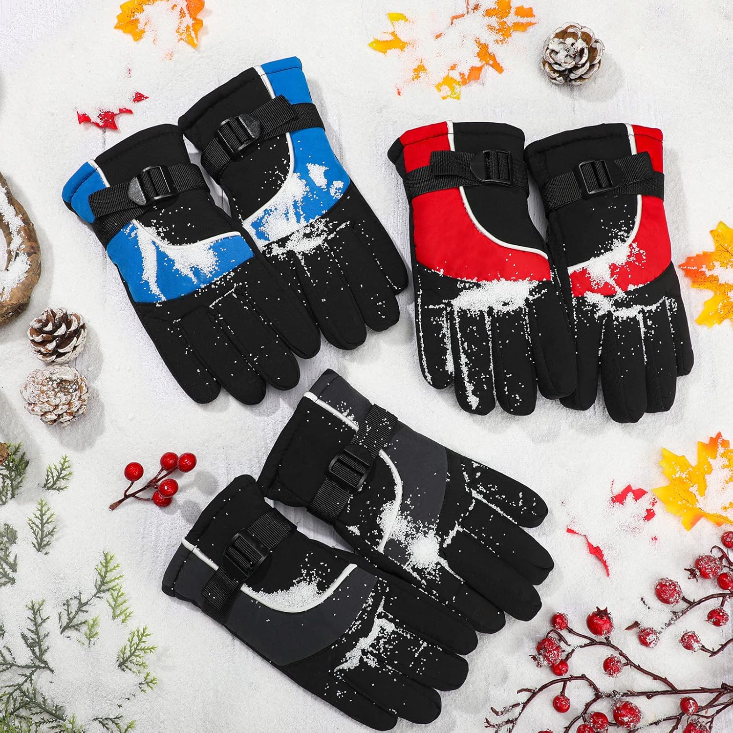 SATINIOR 3 Pairs Kids Waterproof Winter Gloves Warm Snow Ski Gloves Adjustable for Boy Girl Toddler Cold Weather (4-8 Years,Red, Blue, Gray) - Image 6