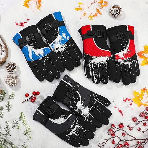Miniatura 7 de 3 pares de guantes de nieve para niños, guantes de invierno impermeables, cálidos, guantes de esquí resistentes al viento, ajustables,
